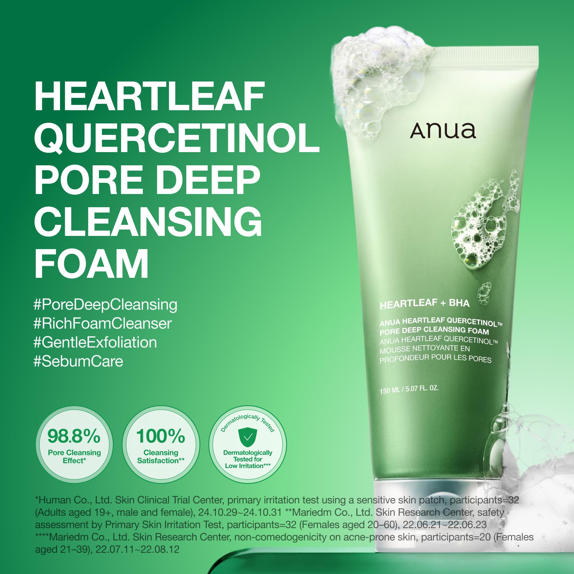 Anua Heartleaf Quercetinol Pore Deep Cleansing Foam, Hydrating Daily Facial Cleanser with BHA, 5. 07 fl oz detail image 2