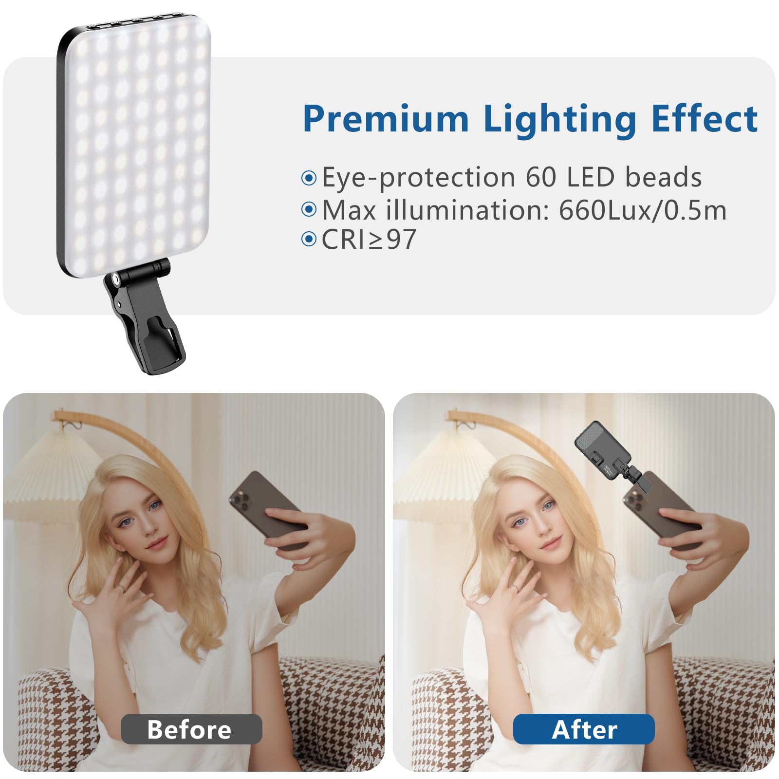 ALTSON 60 LED Portable Selfie Light Video Conference Lighting with Clip & Camera Tripod Adapter Rechargeable 2200mAh CRI 97+, 3 Light Modes for Phone iPhone Webcam Laptop Photo Makeup detail image 4
