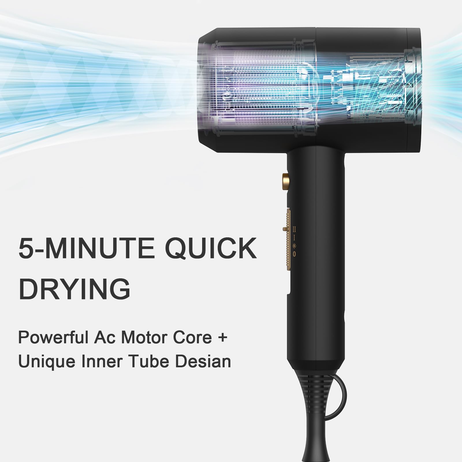 slopehill Professional Ionic Hair Dryer, Powerful 1800W Fast Drying Low Noise Blow Dryer with 2 Concentrator Nozzle 1 Diffuser Attachments for Home Salon Travel (Black) detail image 2