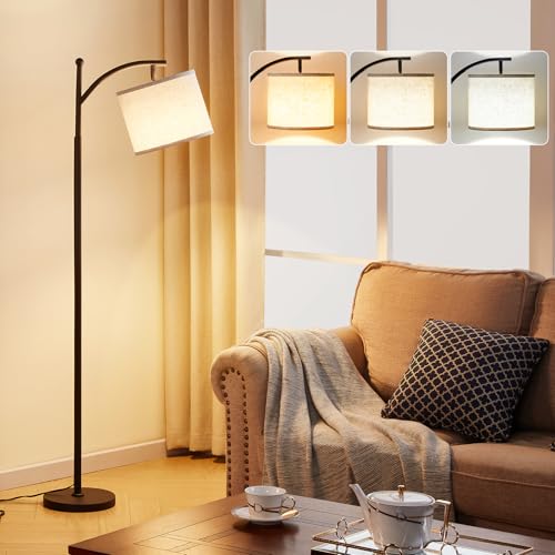 Ambimall Tall Floor Lamps with 3 Color Temperatures Bulb & Adjustable Linen Shade, for Living Room, Bedroom, Office, Classroom, Dorm Room (9W Bulb Included), Beige & Black, 60" detail image 8