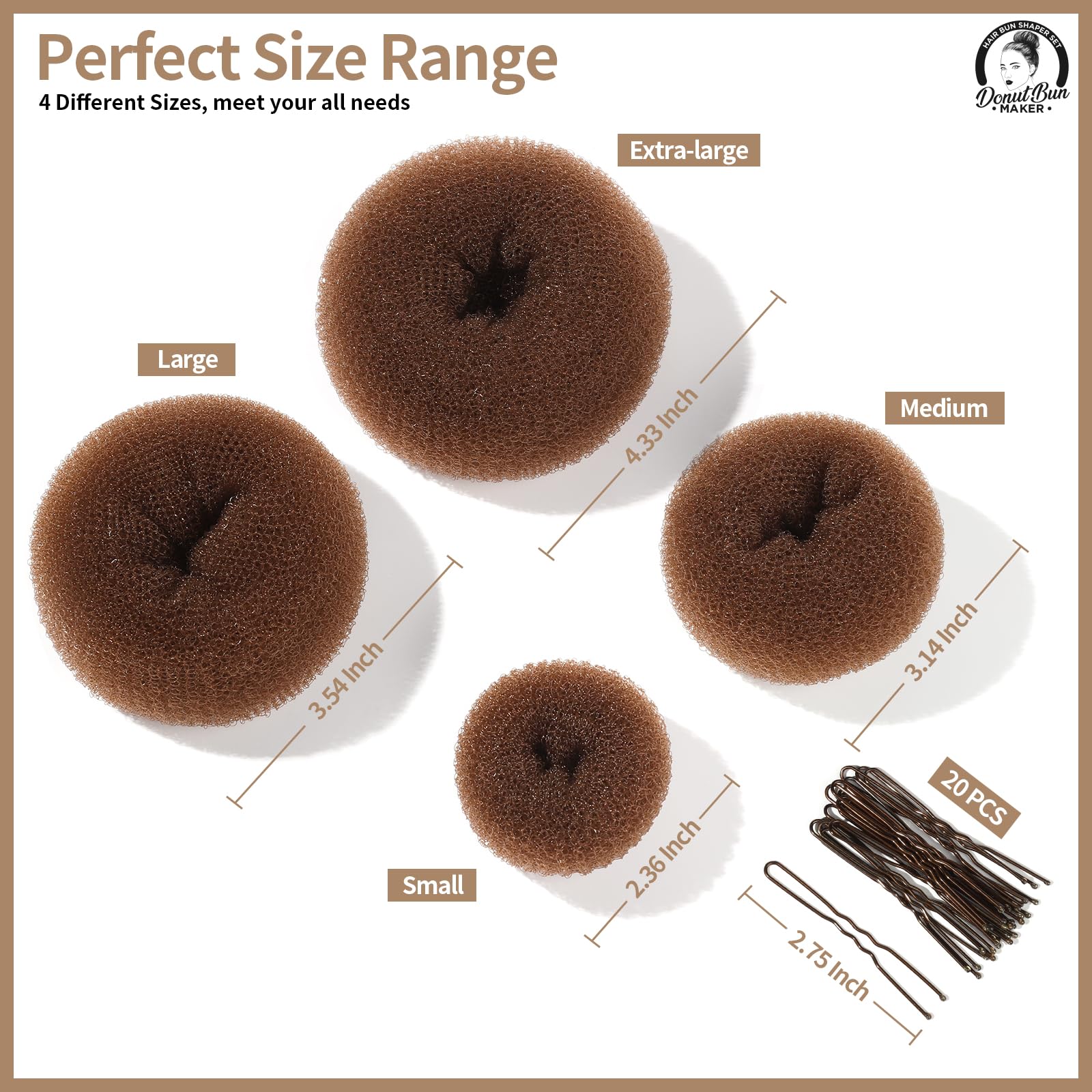 Teenitor Hair Bun Maker, Hair Buns for kids Girls, Hair Donuts, Ballet Bun Maker,4 Size, Light Brown detail image 2