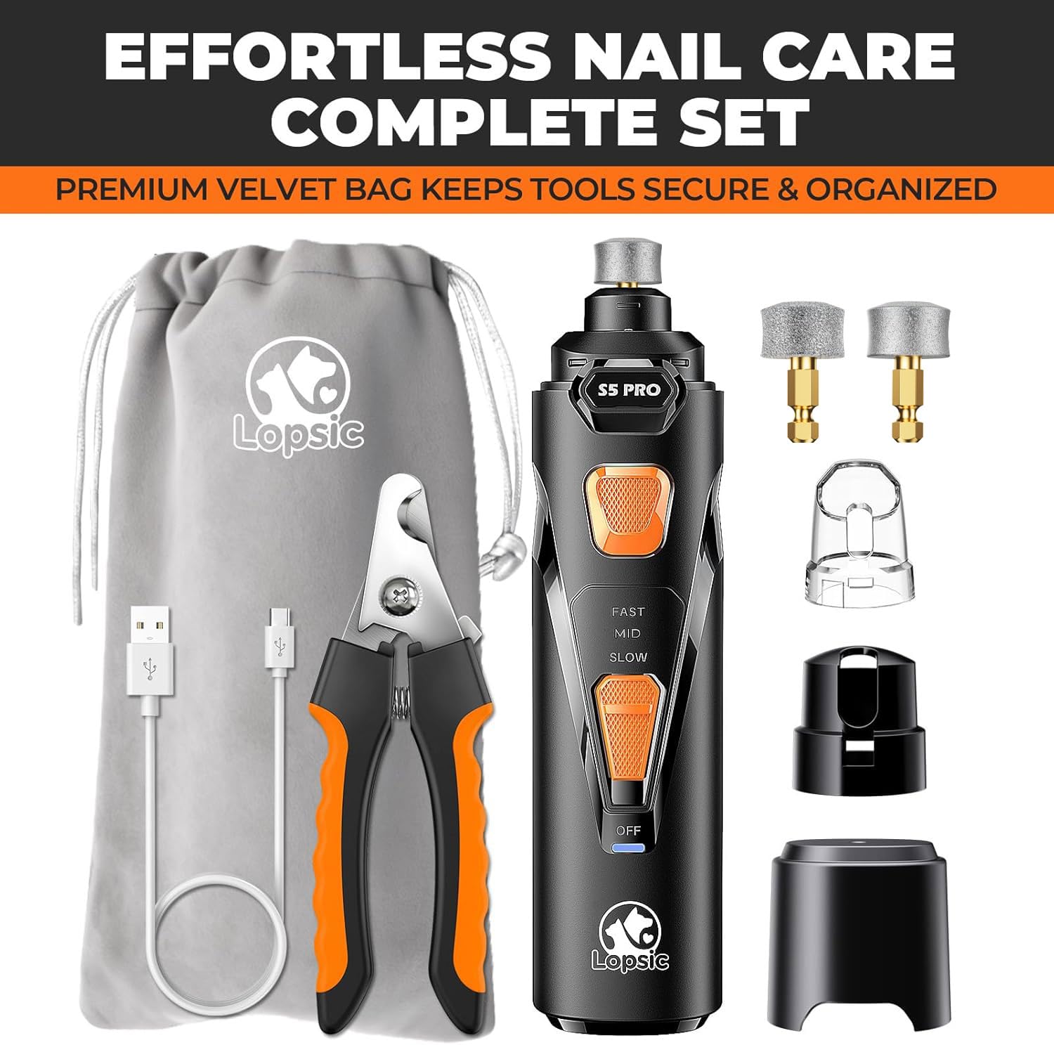 Whisper Quiet Dog Nail Grinder with 4 LED Lights, Safe & Stress-Free for Sensitive Dogs Cats of All Breeds & Sizes, 3 Grinding Bits, 3-Speed, Pet Nail Trimmers, Rechargeable Painless Grooming Kit detail image 9