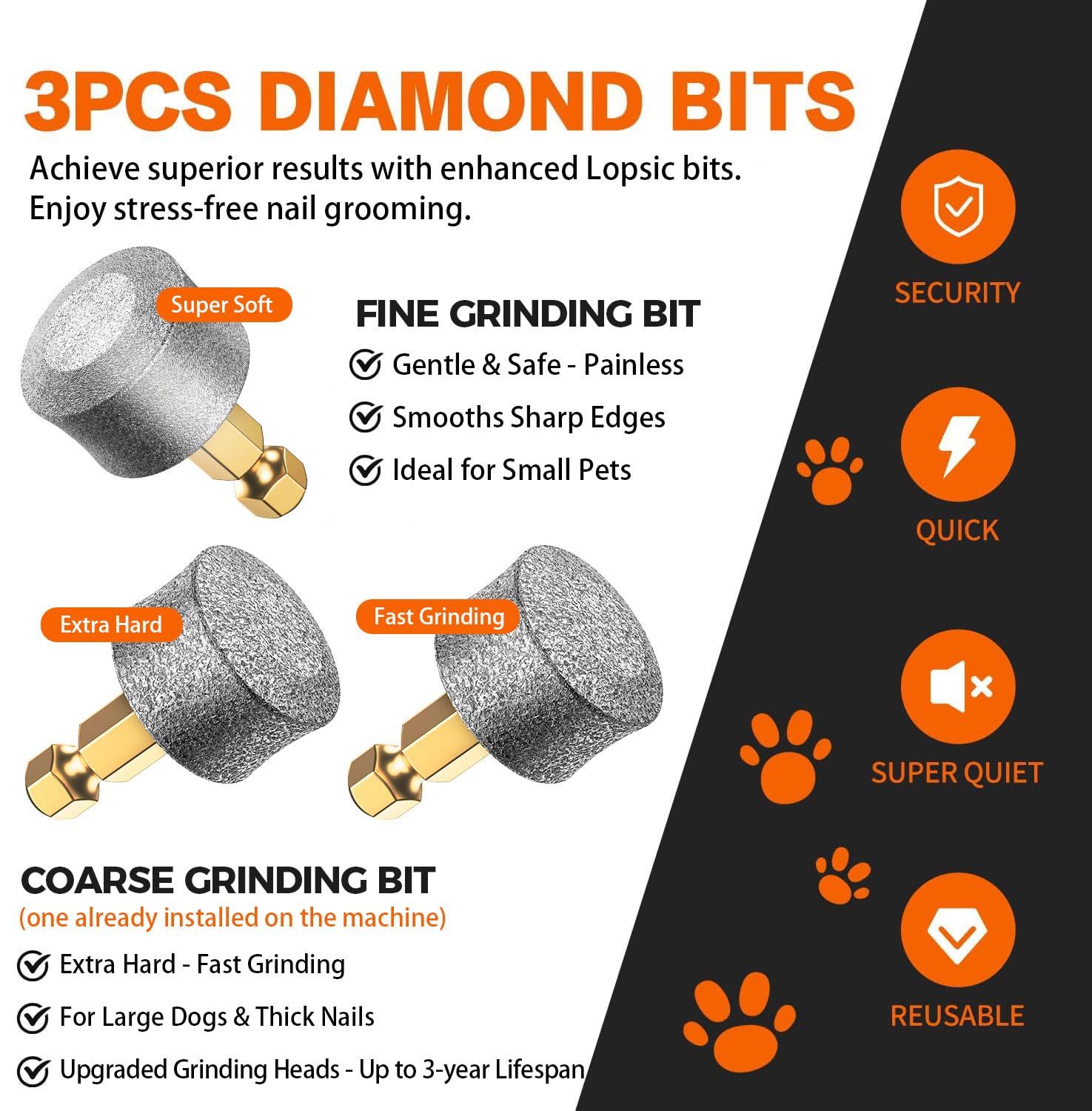 Whisper Quiet Dog Nail Grinder with 4 LED Lights, Safe & Stress-Free for Sensitive Dogs Cats of All Breeds & Sizes, 3 Grinding Bits, 3-Speed, Pet Nail Trimmers, Rechargeable Painless Grooming Kit detail image 5