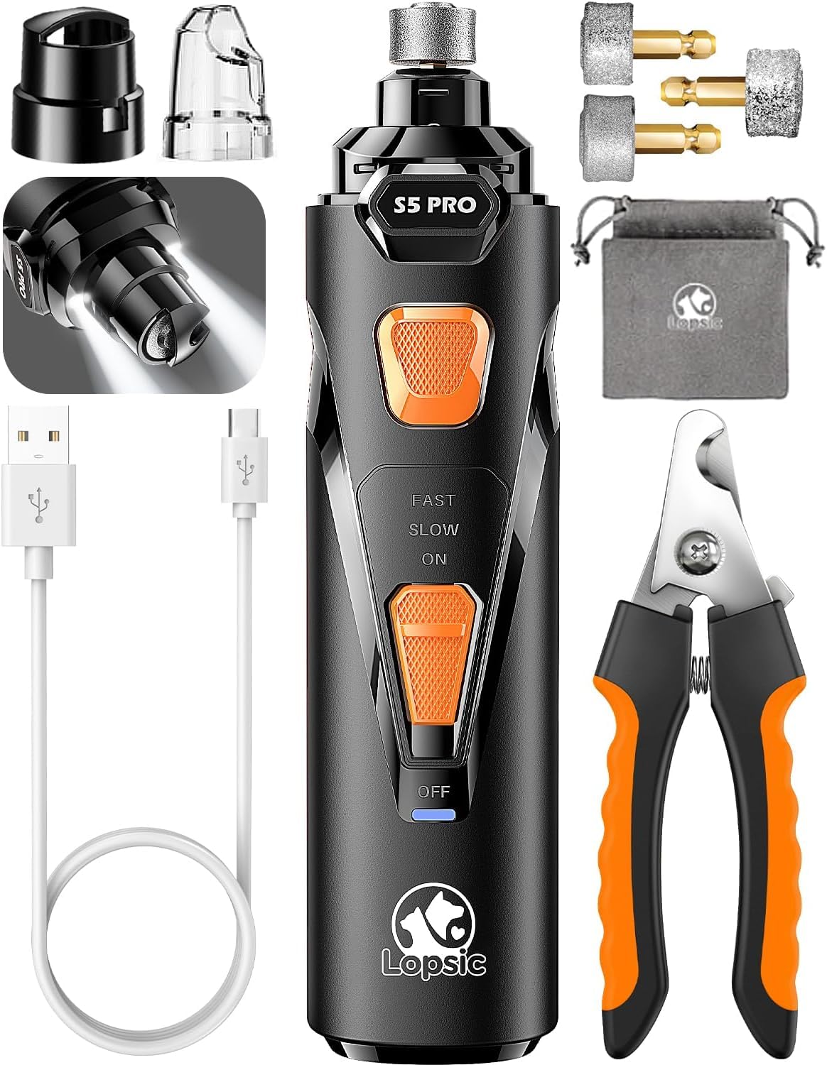 Whisper Quiet Dog Nail Grinder with 4 LED Lights, Safe & Stress-Free for Sensitive Dogs Cats of All Breeds & Sizes, 3 Grinding Bits, 3-Speed, Pet Nail Trimmers, Rechargeable Painless Grooming Kit detail image 1