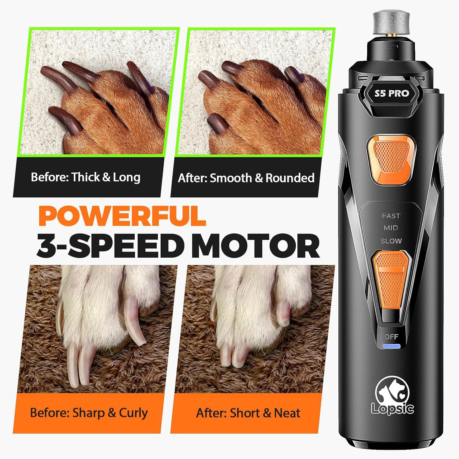 Whisper Quiet Dog Nail Grinder with 4 LED Lights, Safe & Stress-Free for Sensitive Dogs Cats of All Breeds & Sizes, 3 Grinding Bits, 3-Speed, Pet Nail Trimmers, Rechargeable Painless Grooming Kit detail image 4