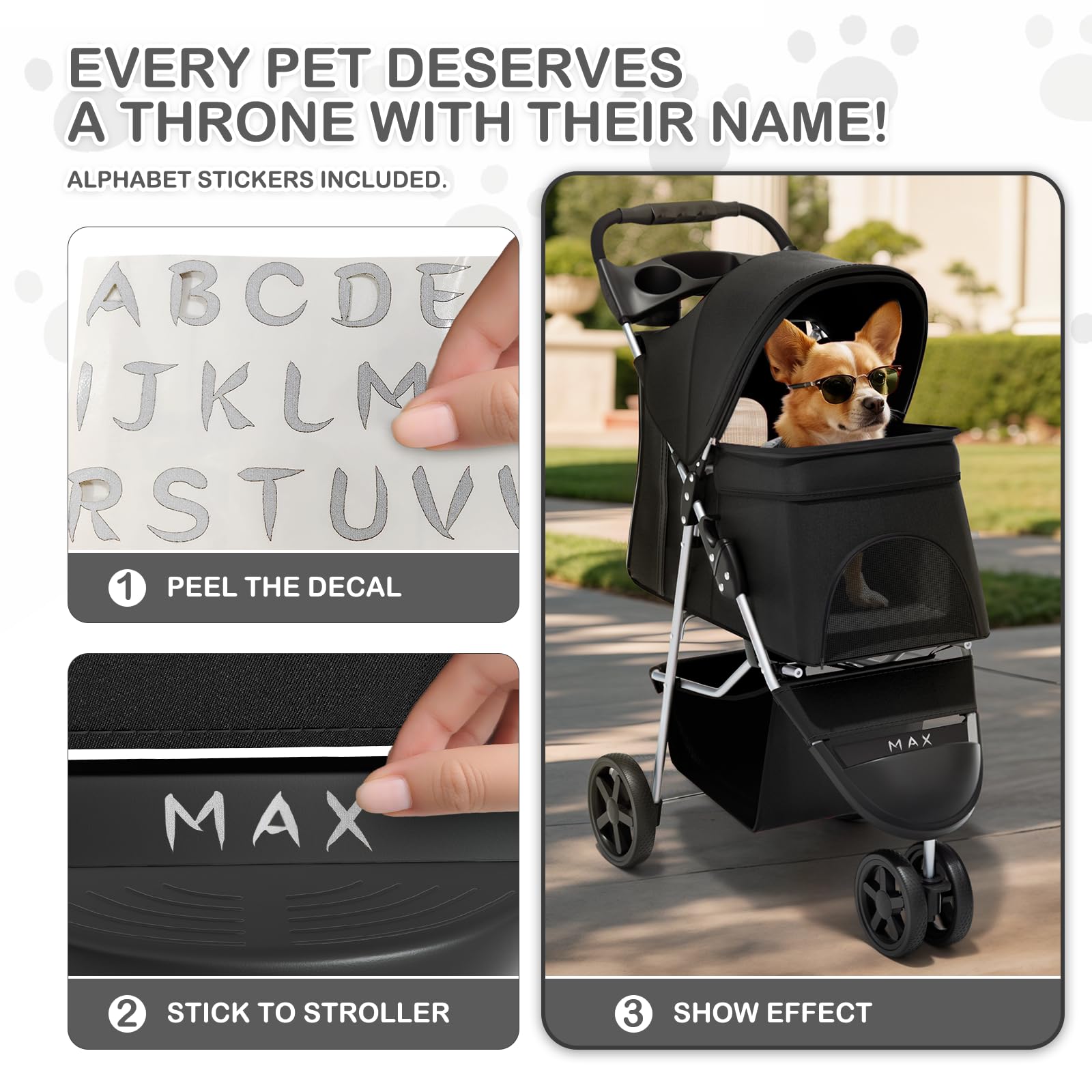 MoNiBloom Pet Stroller for Small/Medium Dogs and Cats up to 33 lbs, Black | Foldable 3 Wheels Pet Strolling Cart w/ Storage Basket Weather Cover Cup Holder, Breathable and Visible Mesh for All-Season detail image 6
