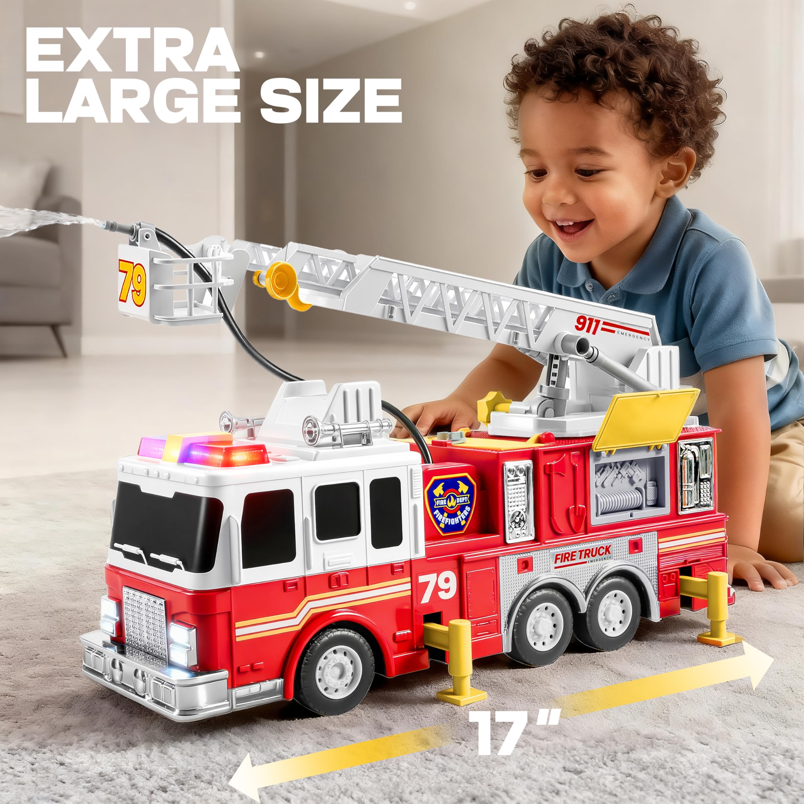 JOYIN Extra Large Kids Fire Truck Toys for Boys with 33-inch Ladder, Lights & Sprinkler Pump, Big Emergency Vehicle, Kids Toys for Age 3, 4, 5, 6, 7, Christmas Birthday Gift for Grandkids detail image 2