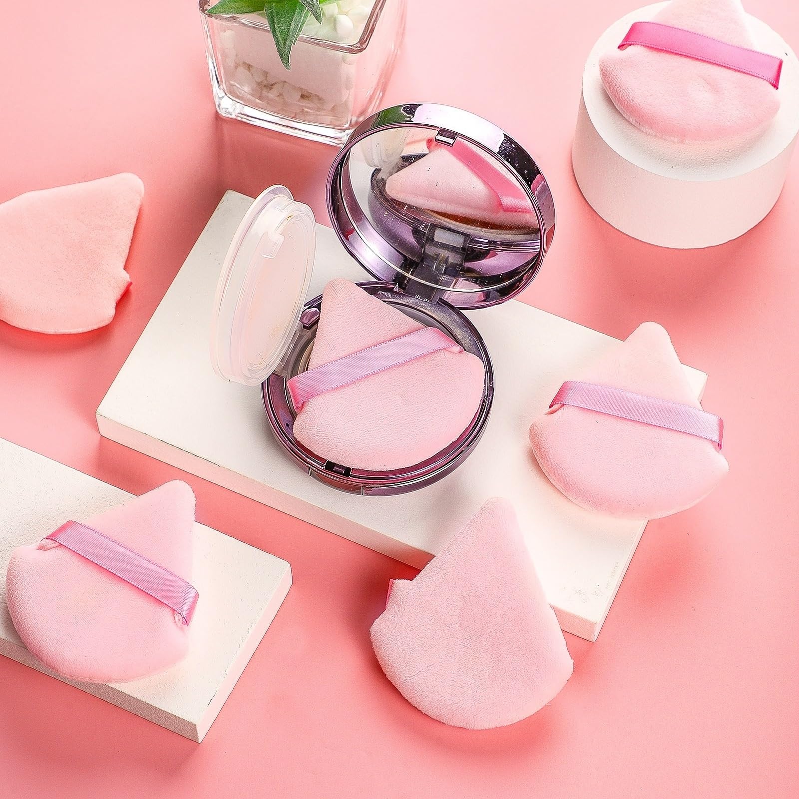6 Pack Pink Velour Triangle Makeup Sponges — Soft Dual-Use Powder Puffs with Grip Strap detail image 6