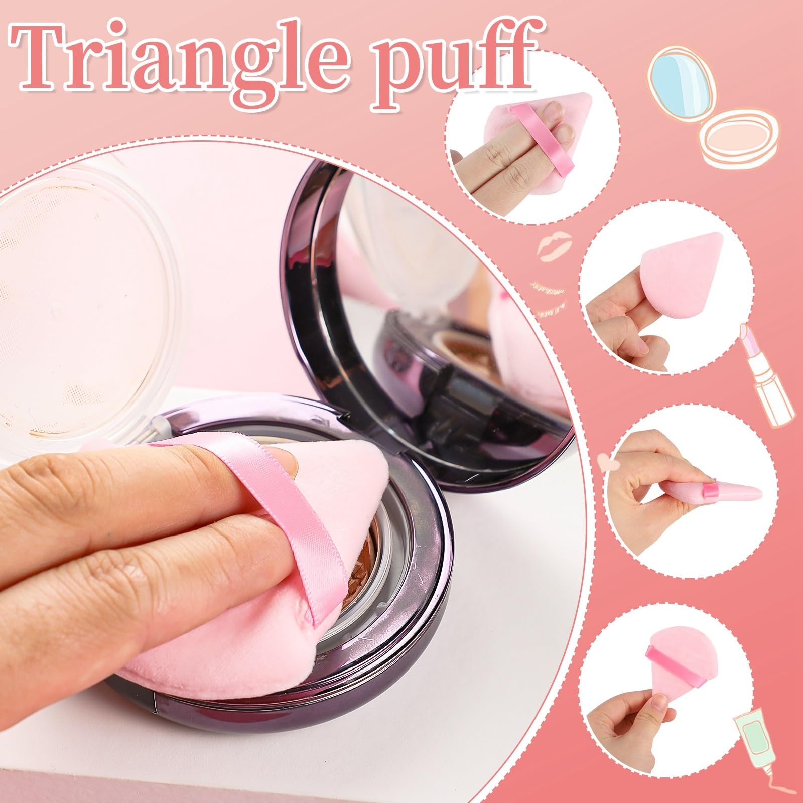 Pack de 6 esponjas de maquillaje triangulares de terciopelo rosa — Puffes suaves de doble uso con cinta para agarre detail image 4