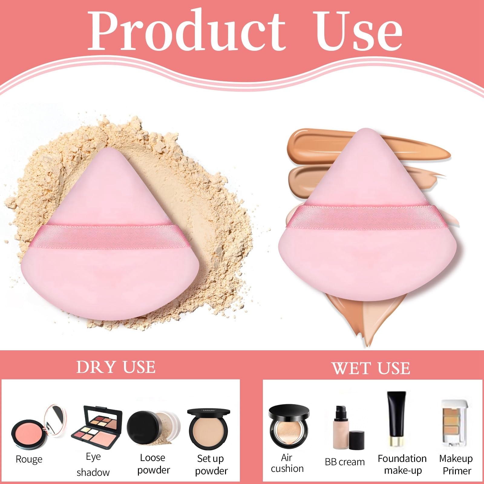 6 Pack Pink Velour Triangle Makeup Sponges — Soft Dual-Use Powder Puffs with Grip Strap detail image 3