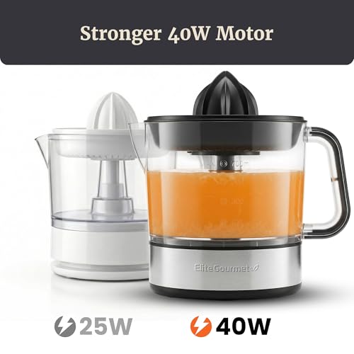 Elite Gourmet ETS623 BPA-Free 40-Watt Electric Citrus Juicer, Compact, Large Volume, Pulp Control, Oranges, Lemons, Limes, Grapefruits with Easy Pour Spout, 24oz, Black/Stainless Steel detail image 9