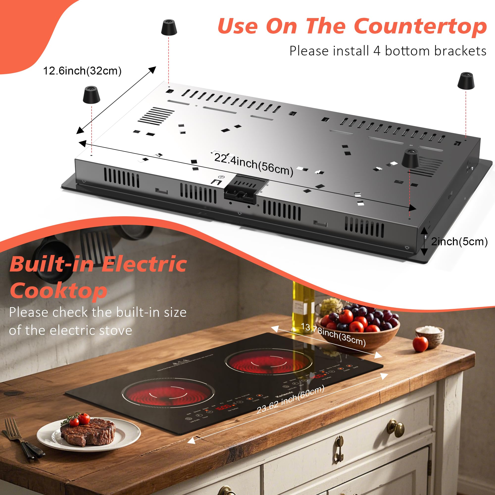 2 Burner Electric Cooktop 110v, 2000W Electric Stove Top Countertop & Built-in, Plug-in Electrics Cooktop 24 Inch, 8 Power Levels & 8 Functions, Touch Control, Safety Lock, Timer, Karienvir detail image 7