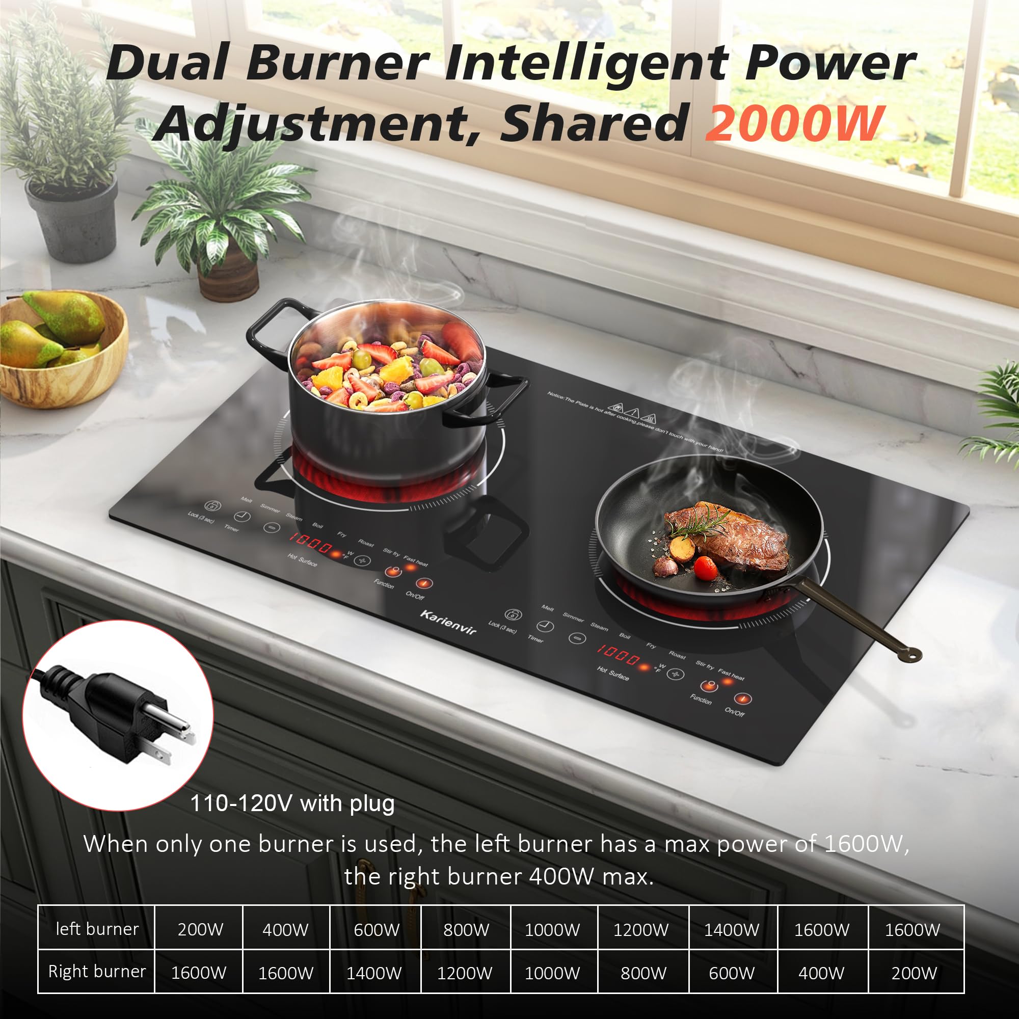 2 Burner Electric Cooktop 110v, 2000W Electric Stove Top Countertop & Built-in, Plug-in Electrics Cooktop 24 Inch, 8 Power Levels & 8 Functions, Touch Control, Safety Lock, Timer, Karienvir detail image 3