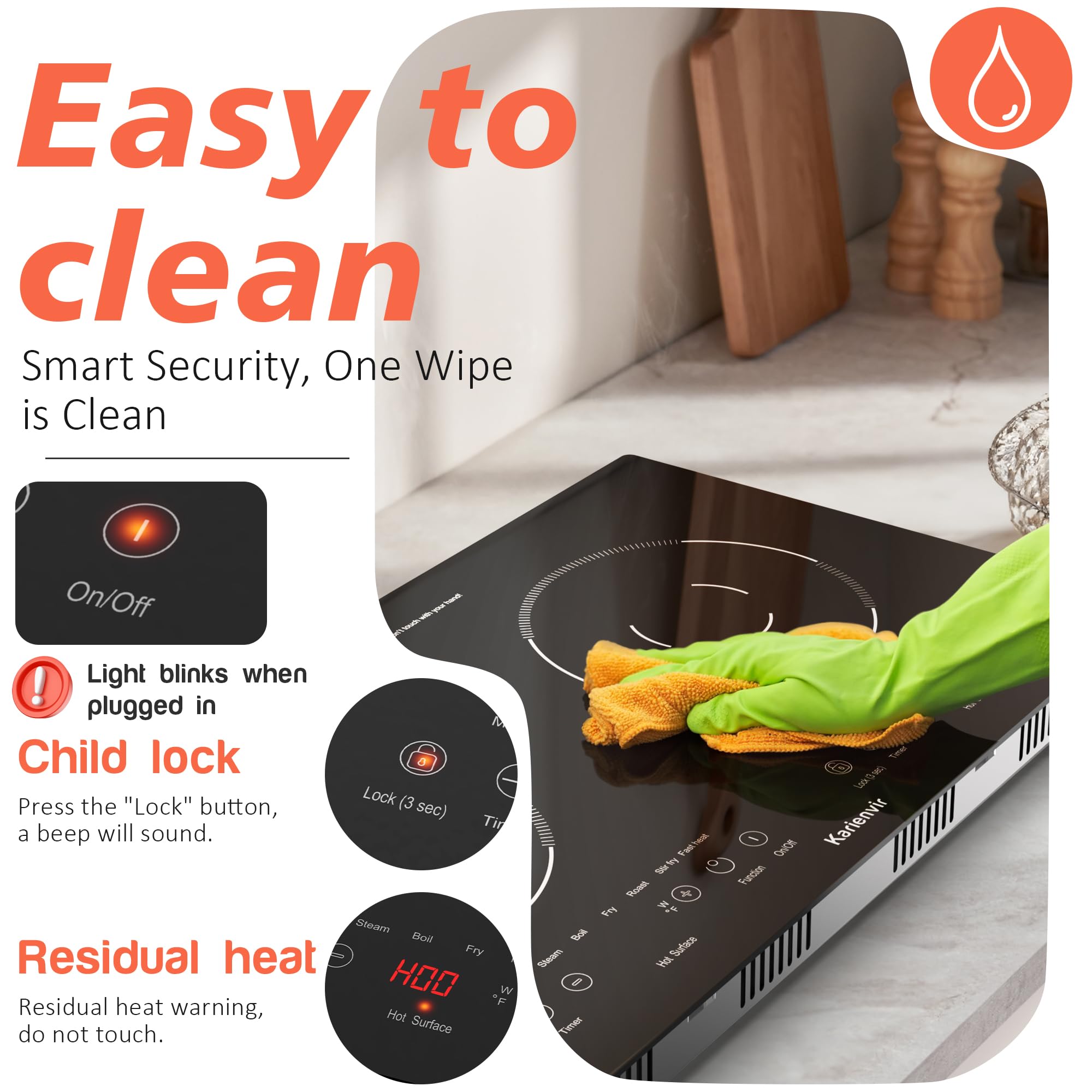 2 Burner Electric Cooktop 110v, 2000W Electric Stove Top Countertop & Built-in, Plug-in Electrics Cooktop 24 Inch, 8 Power Levels & 8 Functions, Touch Control, Safety Lock, Timer, Karienvir detail image 4