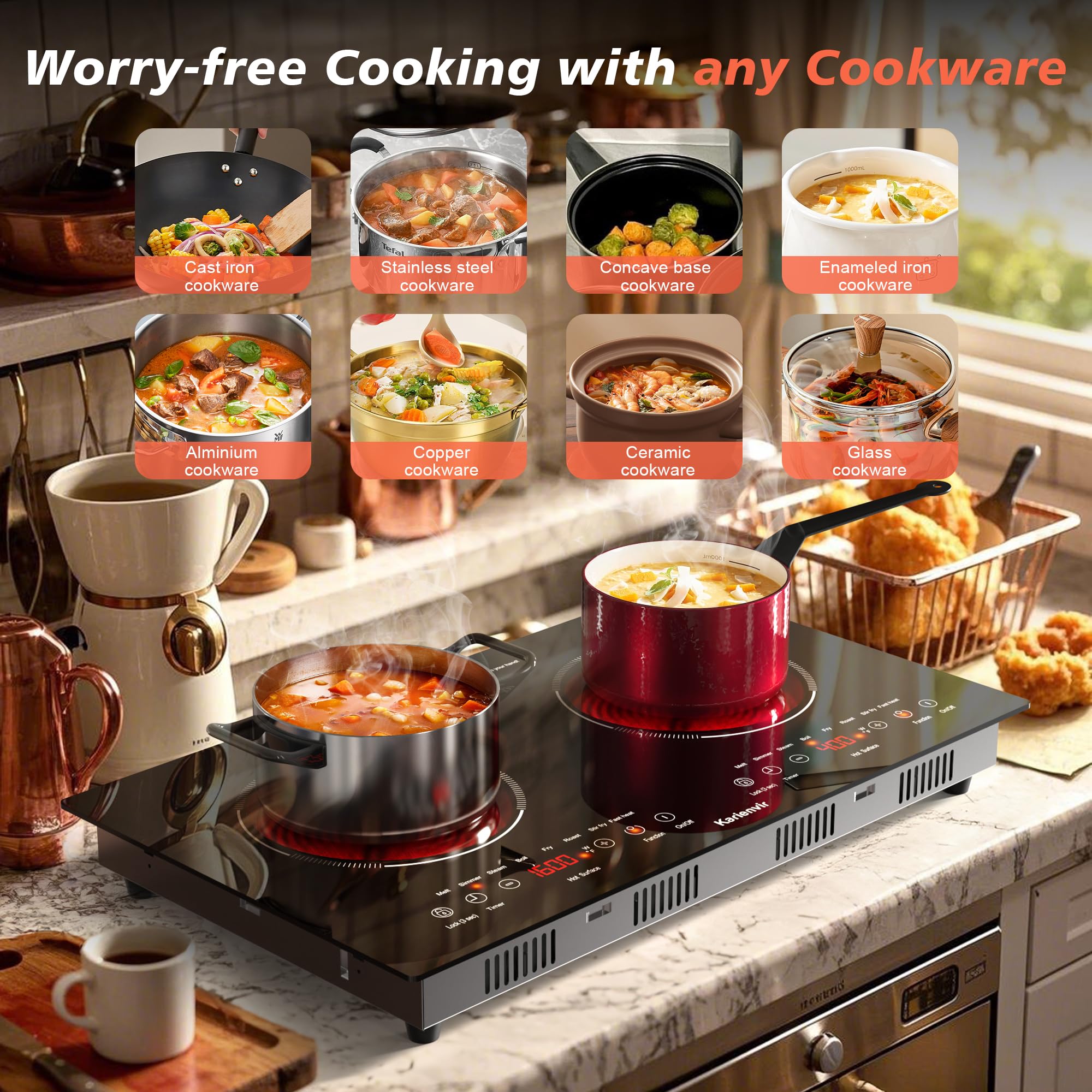 2 Burner Electric Cooktop 110v, 2000W Electric Stove Top Countertop & Built-in, Plug-in Electrics Cooktop 24 Inch, 8 Power Levels & 8 Functions, Touch Control, Safety Lock, Timer, Karienvir detail image 5