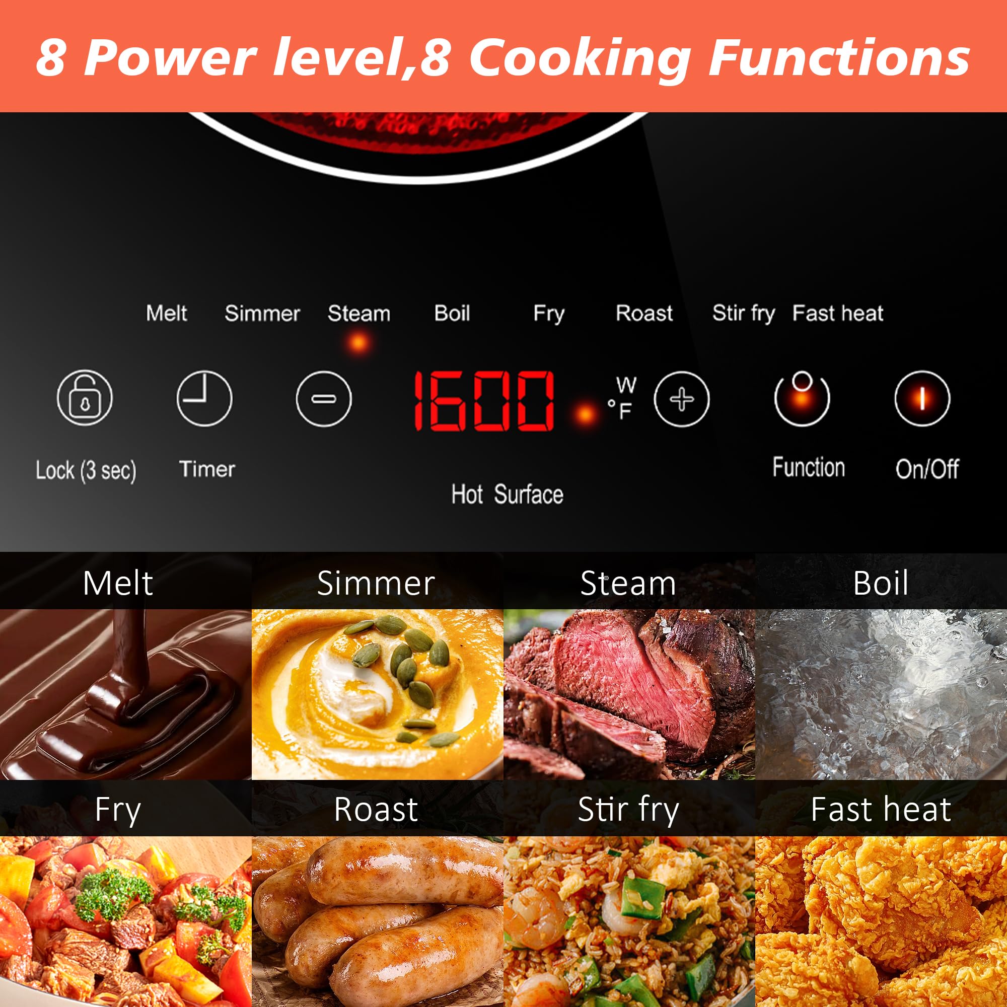 2 Burner Electric Cooktop 110v, 2000W Electric Stove Top Countertop & Built-in, Plug-in Electrics Cooktop 24 Inch, 8 Power Levels & 8 Functions, Touch Control, Safety Lock, Timer, Karienvir detail image 6