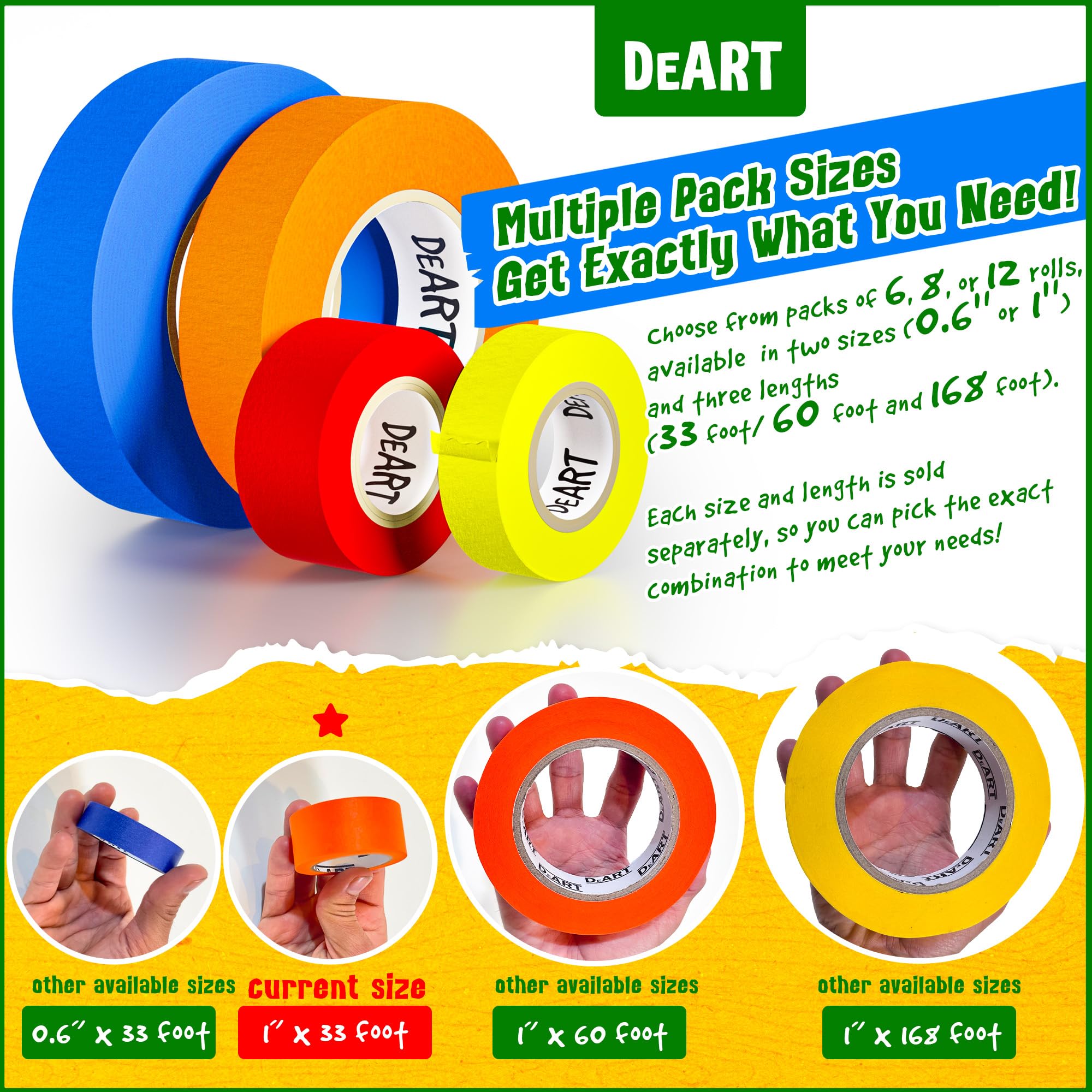 DEART 8X Colored Masking Tape, 33 Ft x 1 inch Colored Painters Tape for Arts & Crafts Labeling or Coding, Craft Supplies Color Tape Rolls, Colorful Masking Craft Tape, Lab Tape detail image 2