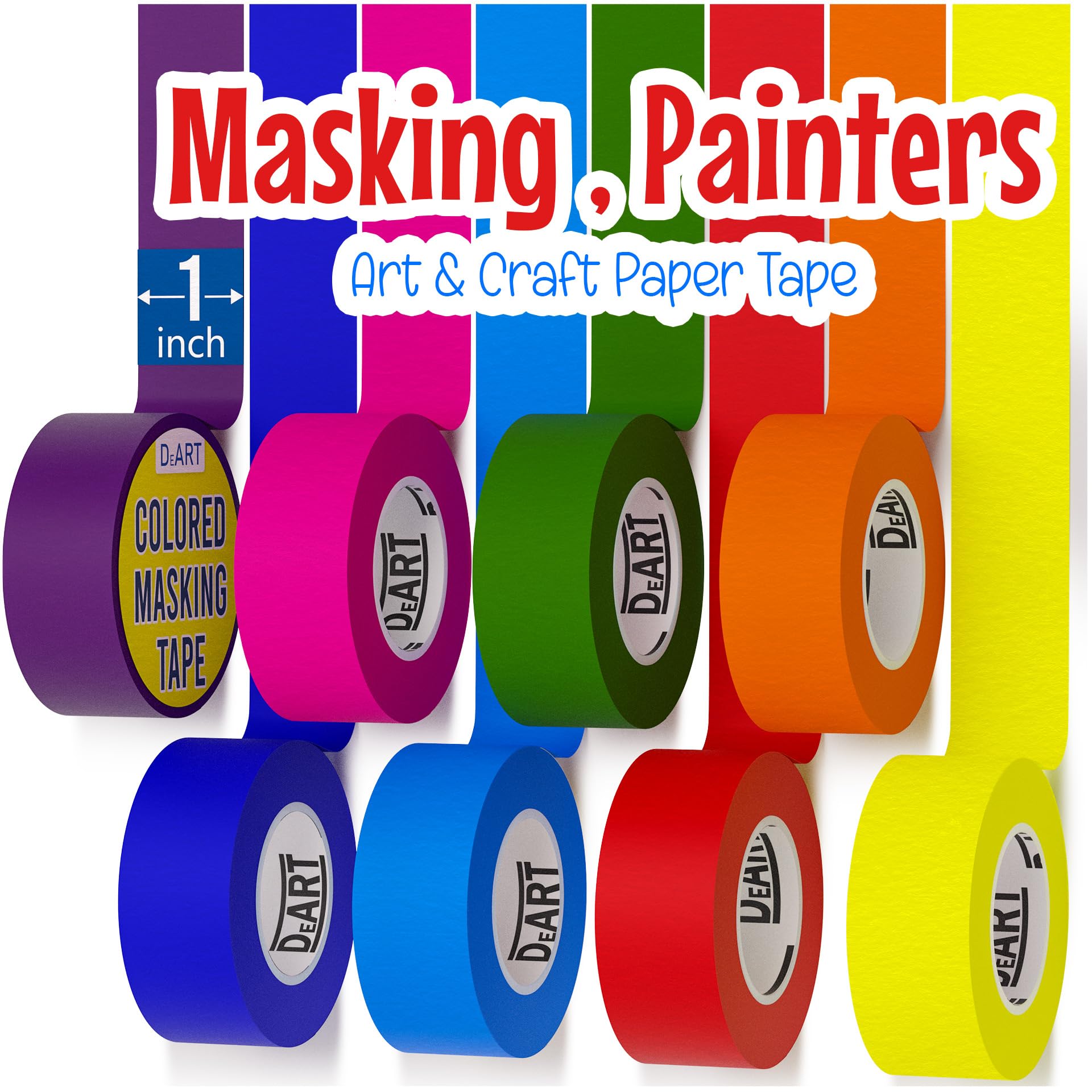 DEART 8X Colored Masking Tape, 33 Ft x 1 inch Colored Painters Tape for Arts & Crafts Labeling or Coding, Craft Supplies Color Tape Rolls, Colorful Masking Craft Tape, Lab Tape detail image 1