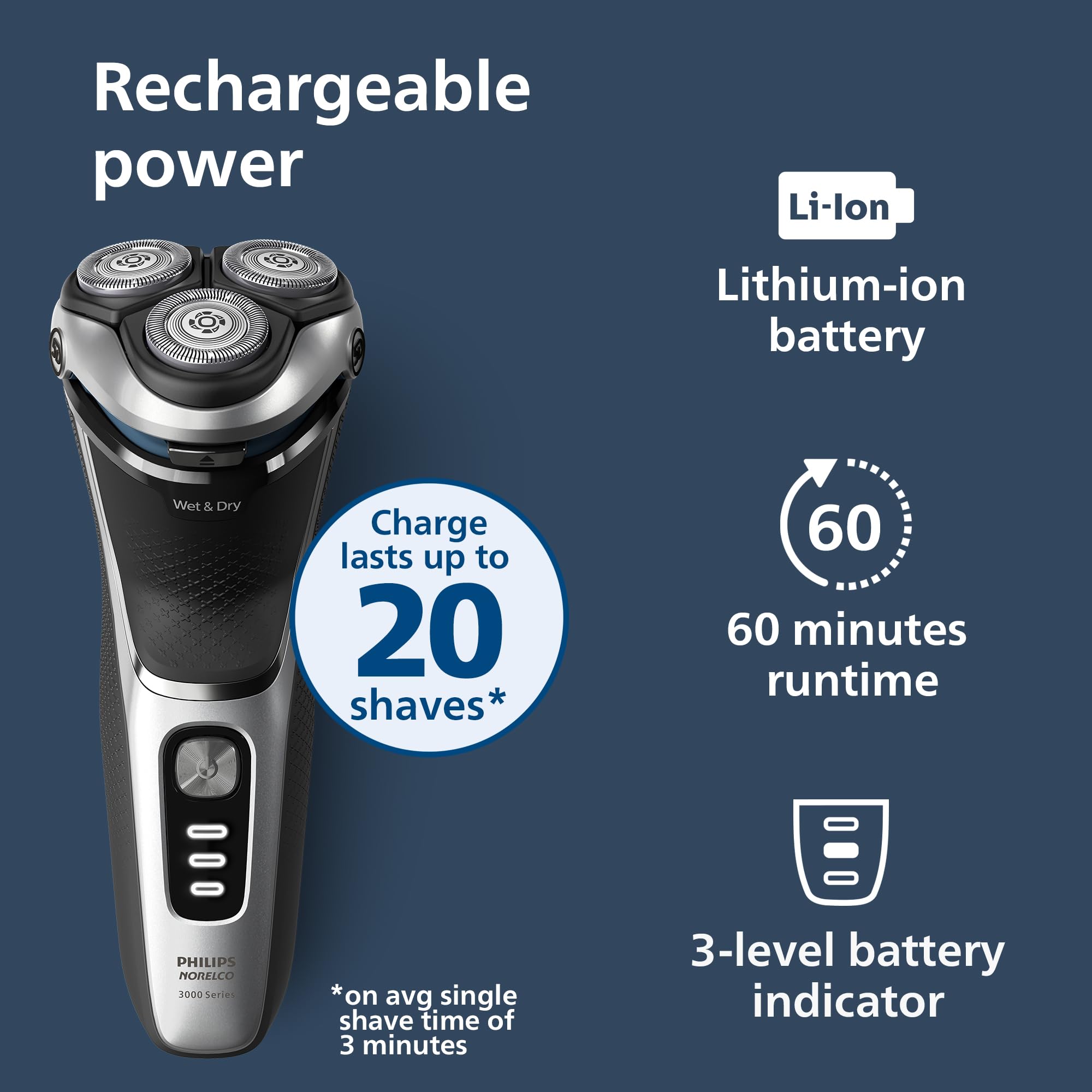 Philips Norelco Shaver 3900 Series Wet & Dry Electric Shaver with P-Cap, Travel Pouch, Charging Stand, USB-A Cable — Storm Blue (Model S3341/92) detail image 7