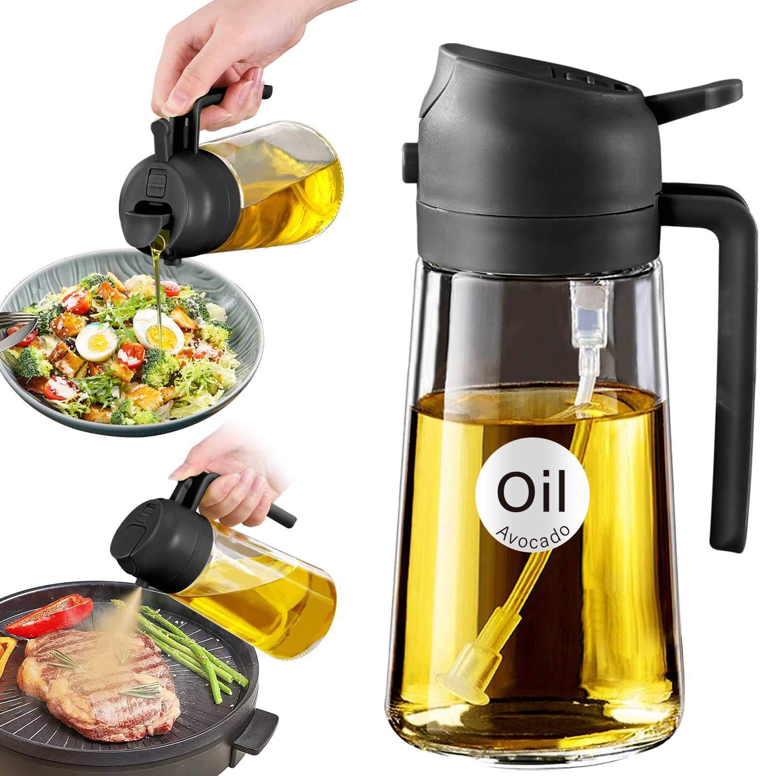 YARRAMATE 16oz (470ml) Glass Olive Oil Sprayer – 2-in-1 Spray & Pour Dispenser (Black) detail image 1