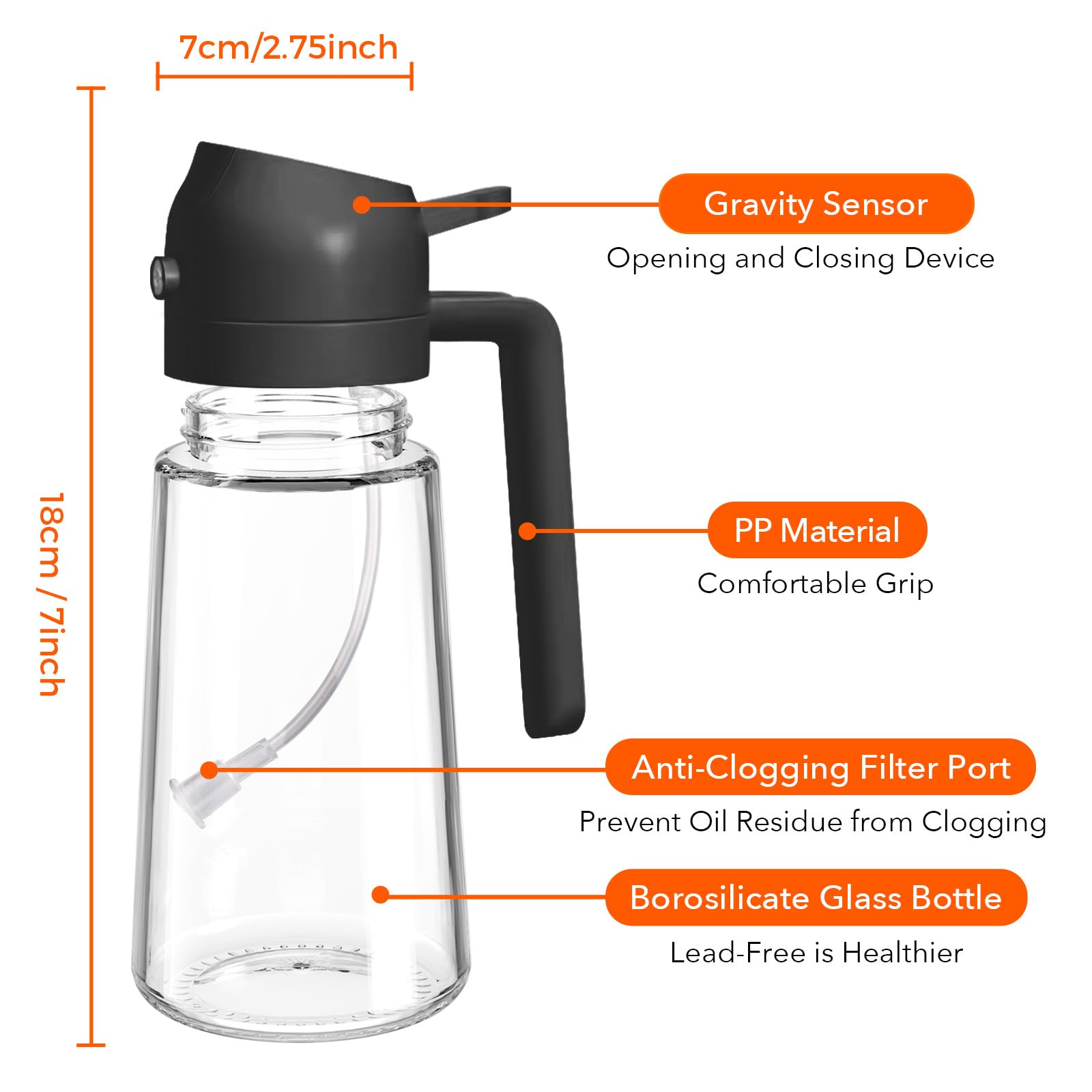 YARRAMATE 16oz (470ml) Glass Olive Oil Sprayer – 2-in-1 Spray & Pour Dispenser (Black) detail image 8