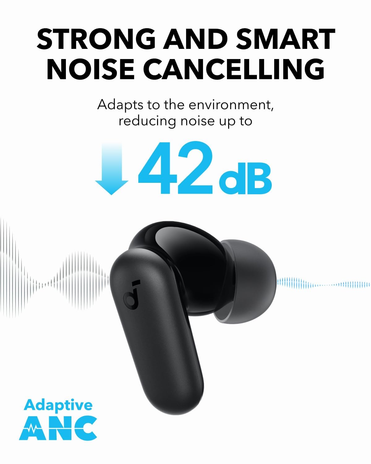 Soundcore P30i by Anker Noise Cancelling Earbuds, Strong and Smart Noise Cancelling, Powerful Bass, 45H Playtime, 2-in-1 Case and Phone Stand, IP54, Wireless Earbuds, Bluetooth 5.4 (Black) detail image 3