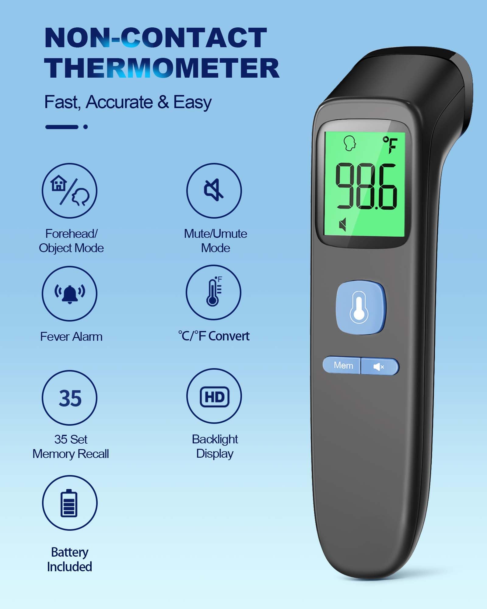 No-Touch Forehead Thermometer for Adults, Infrared Digital Baby Thermometer for Kids, Accurate Reading with Large Display, Mute Mode, Memory Recall, Fever Alarm detail image 2