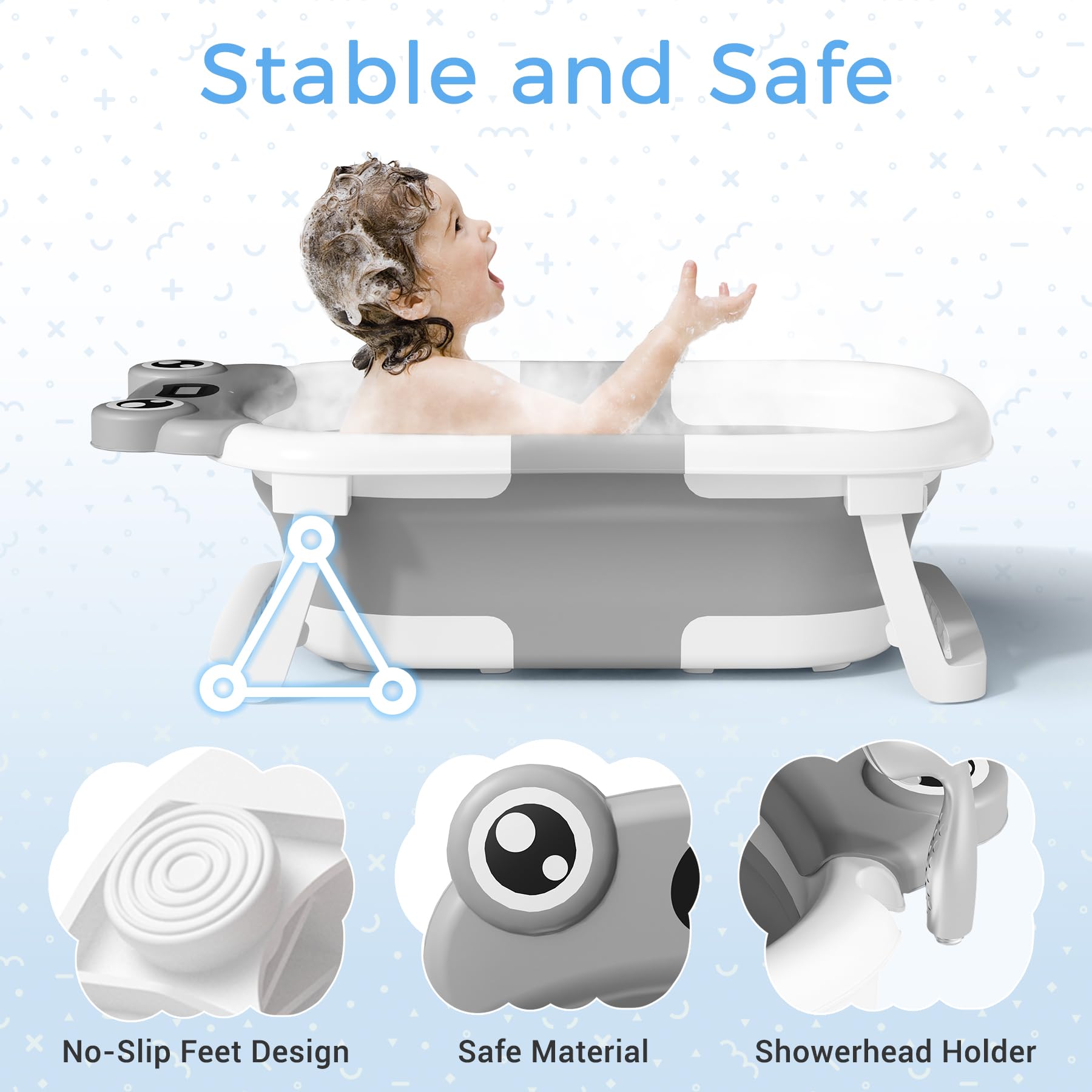 BUNWAG Baby Bathtub, Collapsible Newborn Bathtub for Infant to Toddler with Soft Cushion and Thermometer,Portable Travel Newborn Tub with No-Slip Feet, Baby Shower Gifts, 0-12 Months Baby Bath, Grey detail image 2