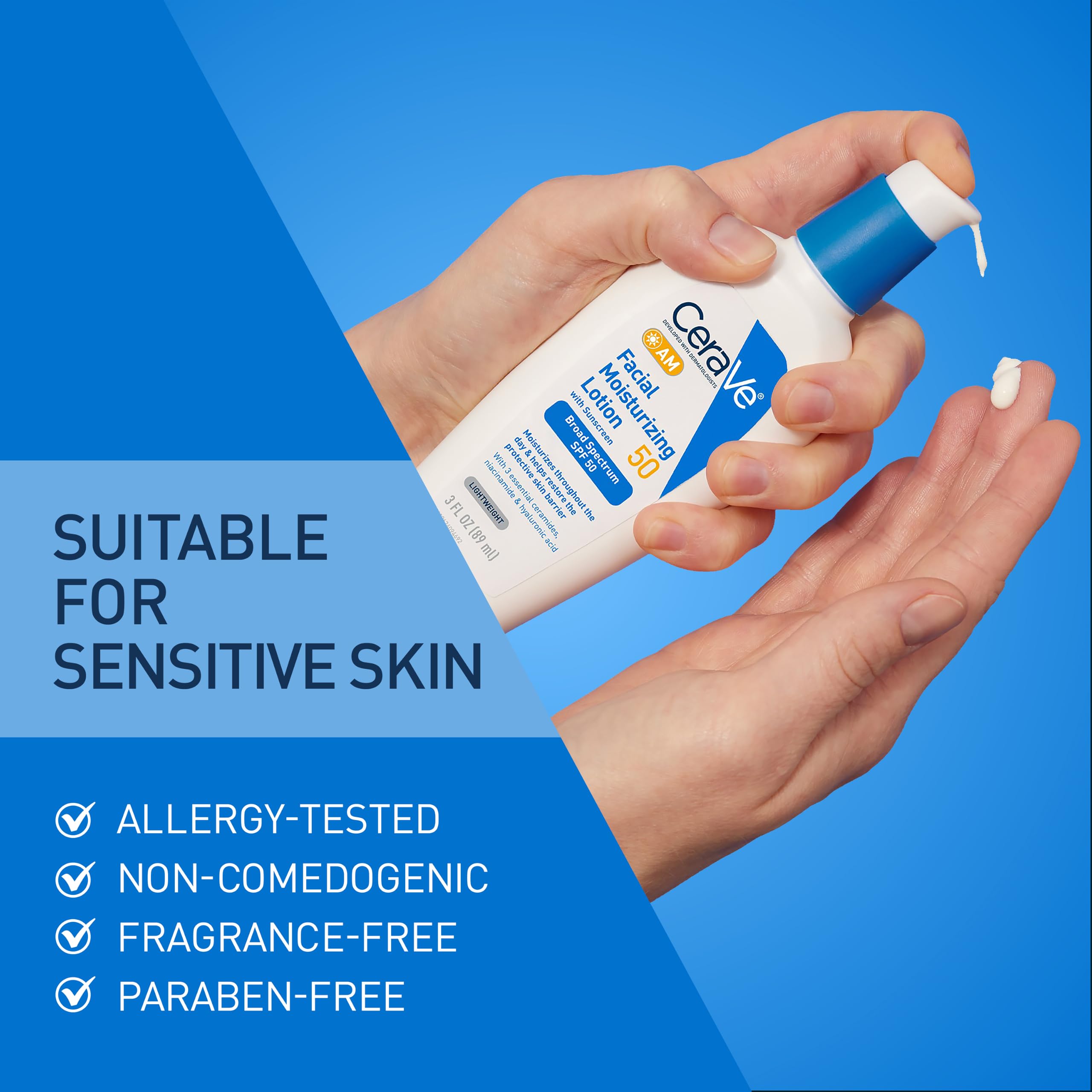 CeraVe AM Facial Moisturizing Lotion SPF 50, Face Moisturizer with Hyaluronic Acid, Niacinamide & Ceramides, Non-Greasy, No White Cast, Non-Comedogenic Sunscreen, 3 oz detail image 6
