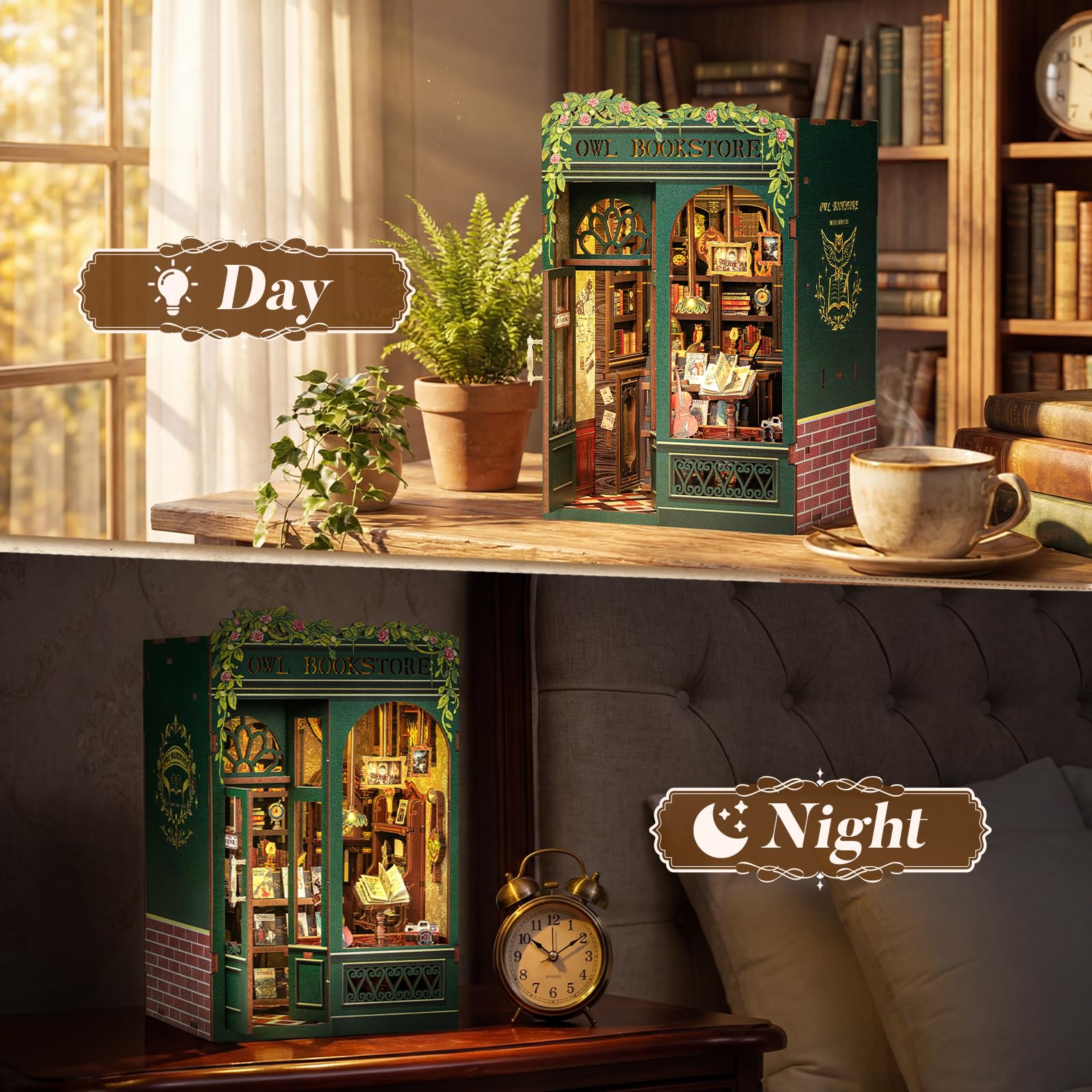 CUTEBEE Book Nook Kit - DIY Miniature House Kit for Adults, Teens and Beginners, Dollhouse Booknook Library Tiny House Bookshelf Decor 3D Wooden Puzzle, Gifts for Family, Friends (Owl Bookstore) detail image 6