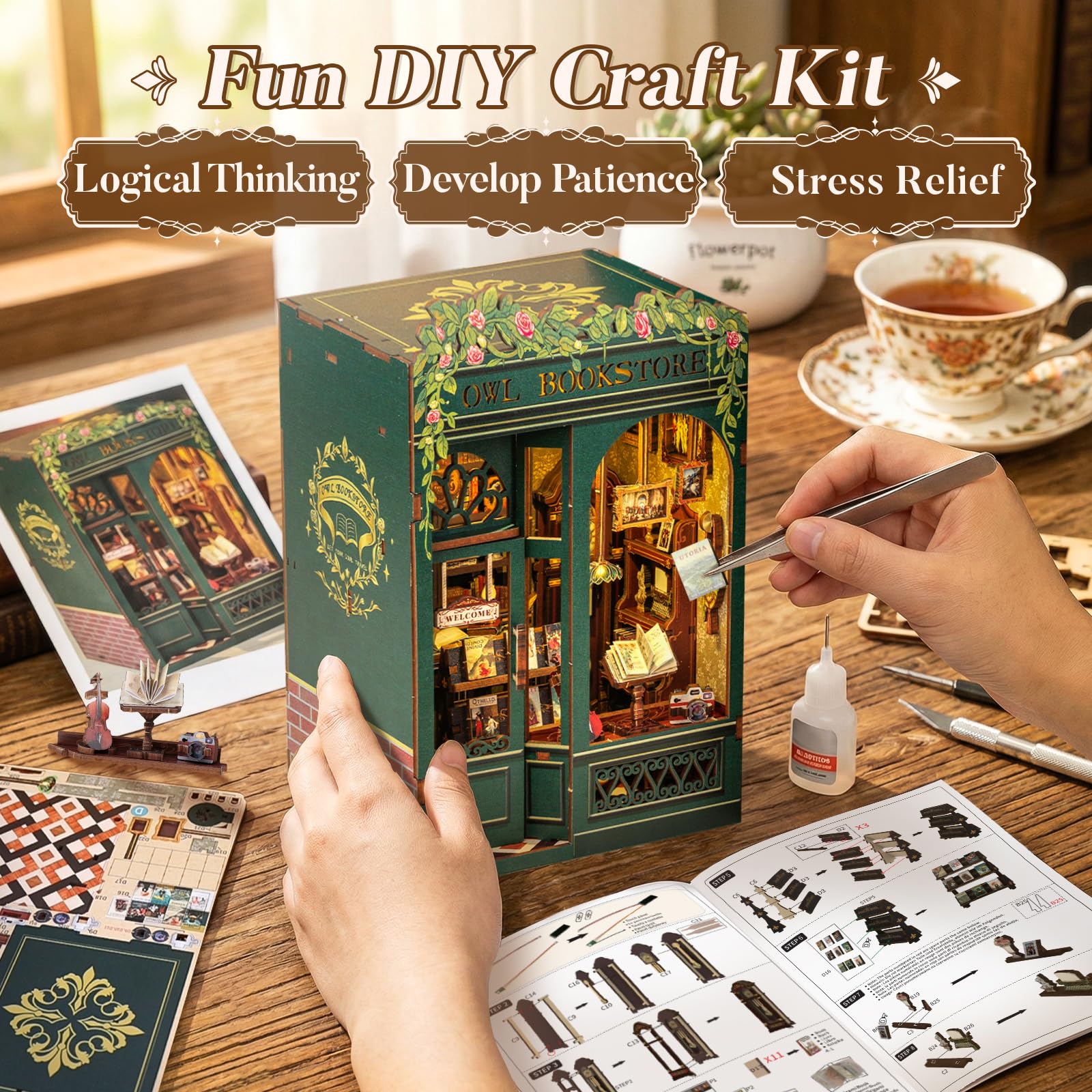 CUTEBEE Book Nook Kit - DIY Miniature House Kit for Adults, Teens and Beginners, Dollhouse Booknook Library Tiny House Bookshelf Decor 3D Wooden Puzzle, Gifts for Family, Friends (Owl Bookstore) detail image 4