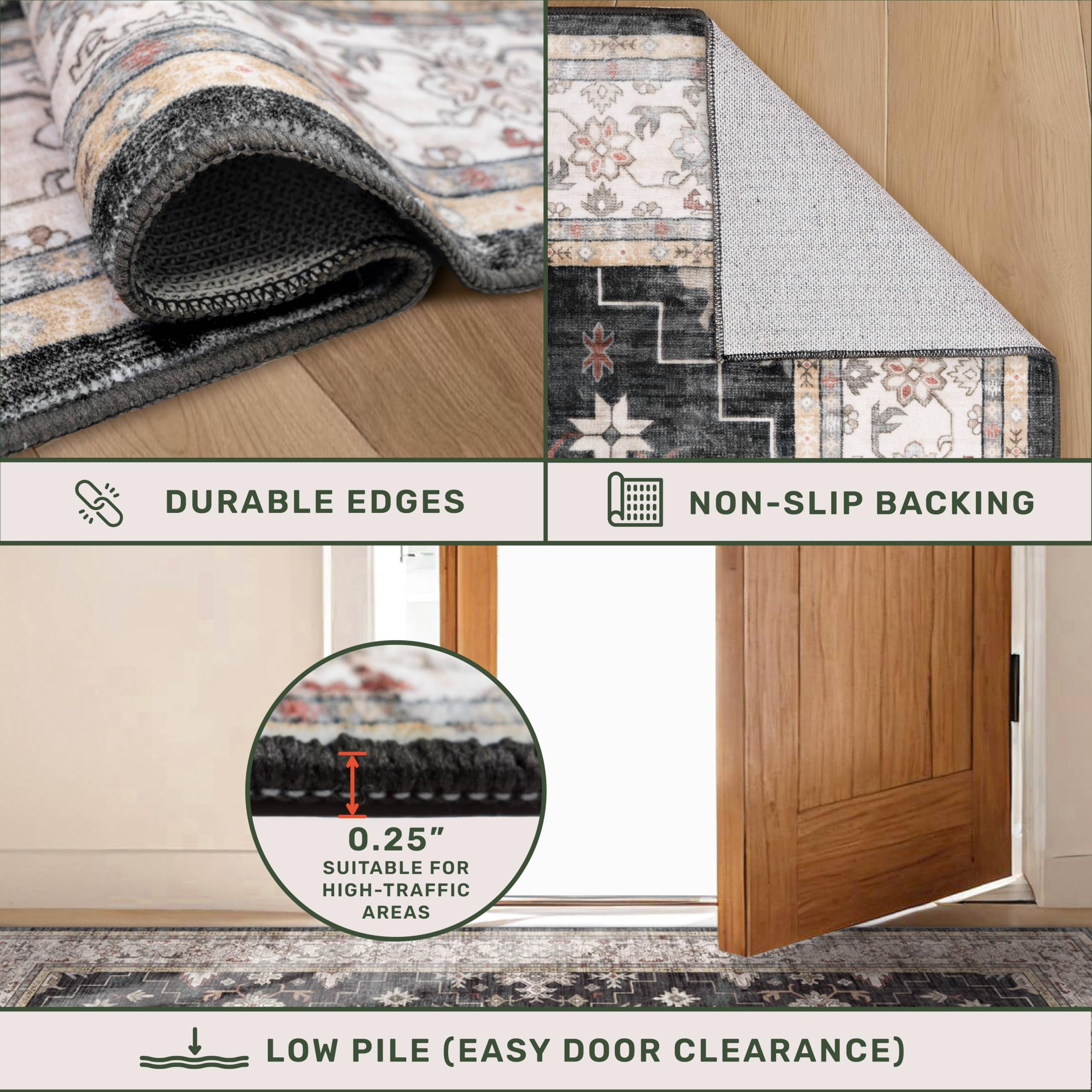 Large 3x5 Entryway Rug Indoor - Washable Non-Slip Low Pile Ultra Soft Area Rug for Large Kitchen, Bedroom Bedside, Mudroom - Distressed Boho Modern Aesthetic Geometric Decor, Ashen/Multi detail image 5