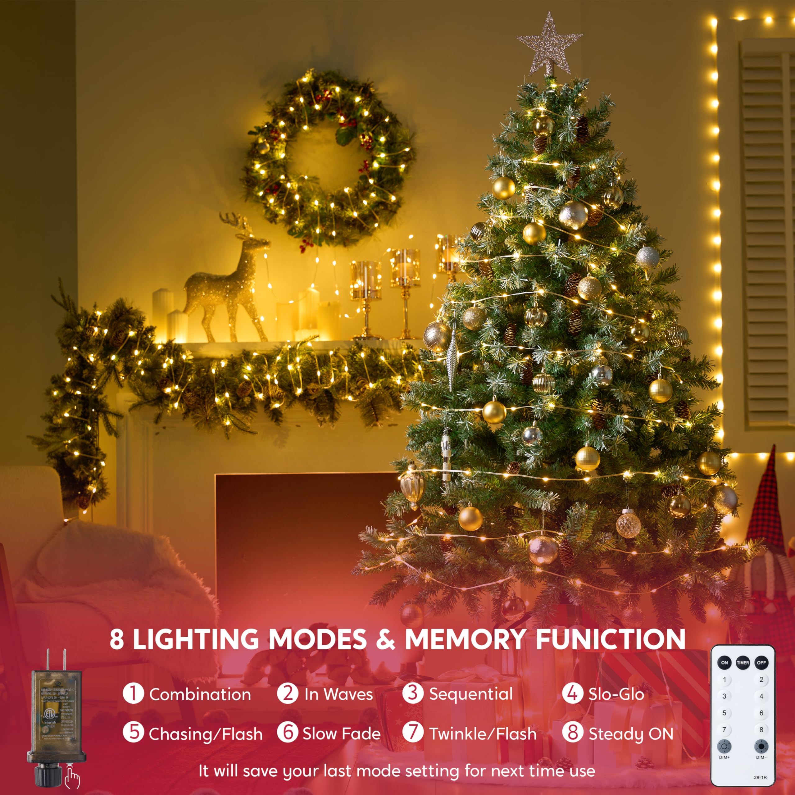 Joiedomi 1200 LED 394ft Warm White Outdoor Christmas String Lights (8 Modes + Timer, Clear PVC Wire, Includes Reel) detail image 6