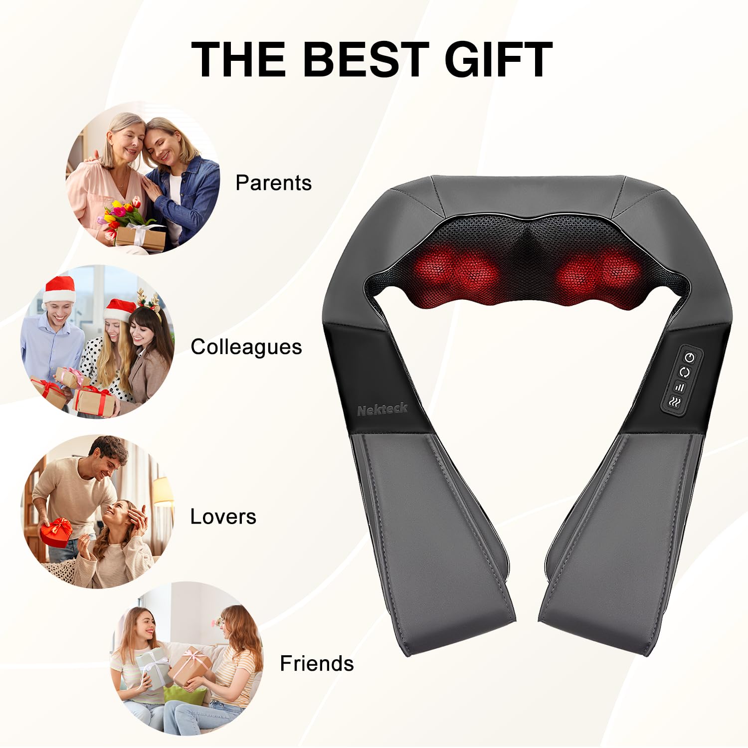 Nekteck Shiatsu Neck Massager with Heat for Pain Relief Deep Tissue, 2026 Upgraded 3D Back Shoulder Kneading Massage Pillow, Body Muscle Relaxation Tool Gifts for Him Her Mom Dad, Gray (NOT Cordless) detail image 7