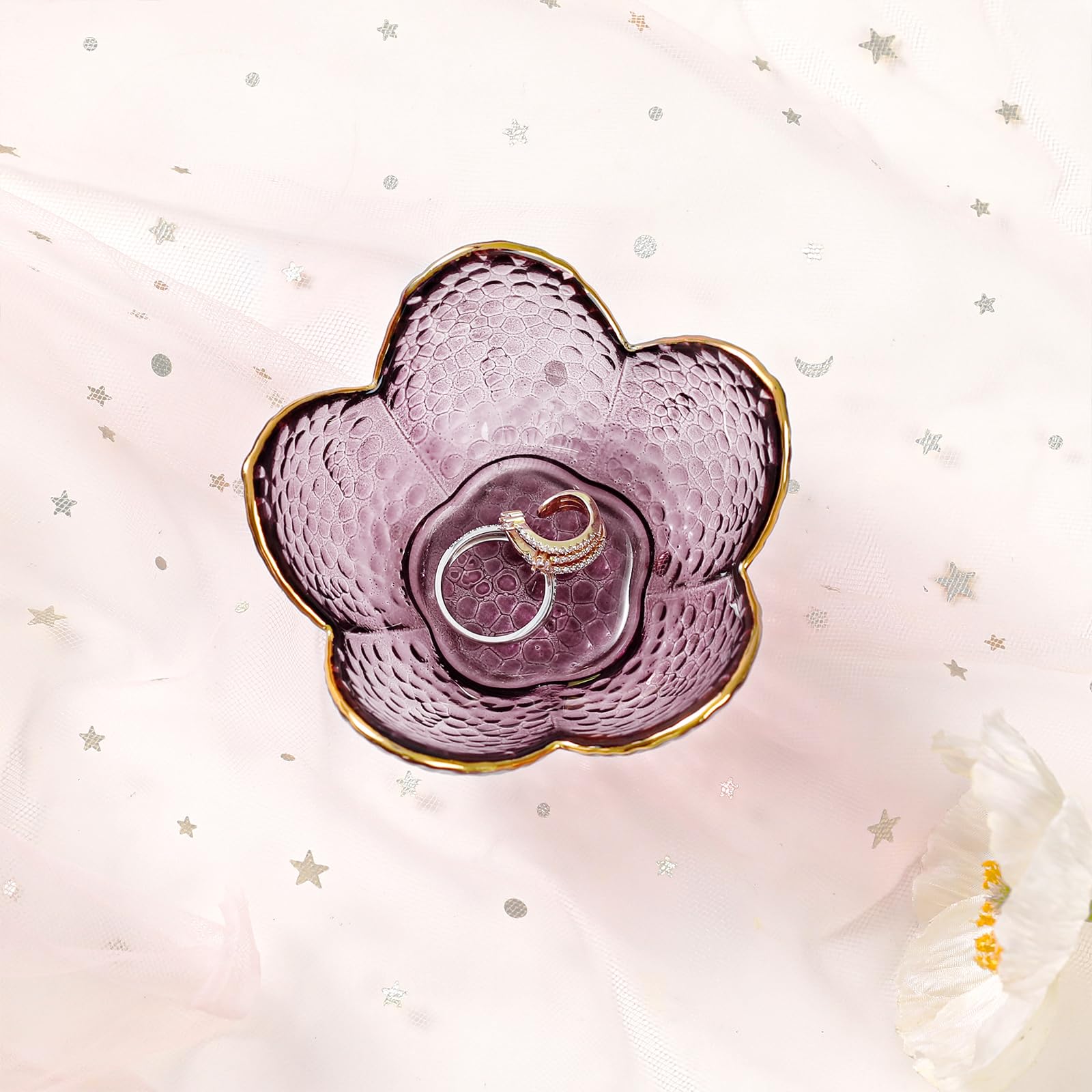 Purple Flower Glass Jewelry Dish Ring Holder Tray — Cute Vanity Organizer for Nightstand, Bathroom, Room Decor; Gift for Women detail image 9