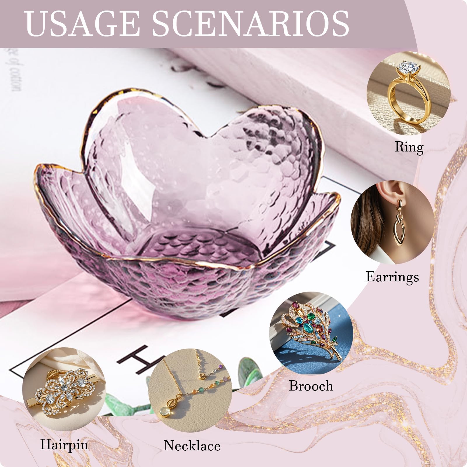 Purple Flower Glass Jewelry Dish Ring Holder Tray — Cute Vanity Organizer for Nightstand, Bathroom, Room Decor; Gift for Women detail image 5