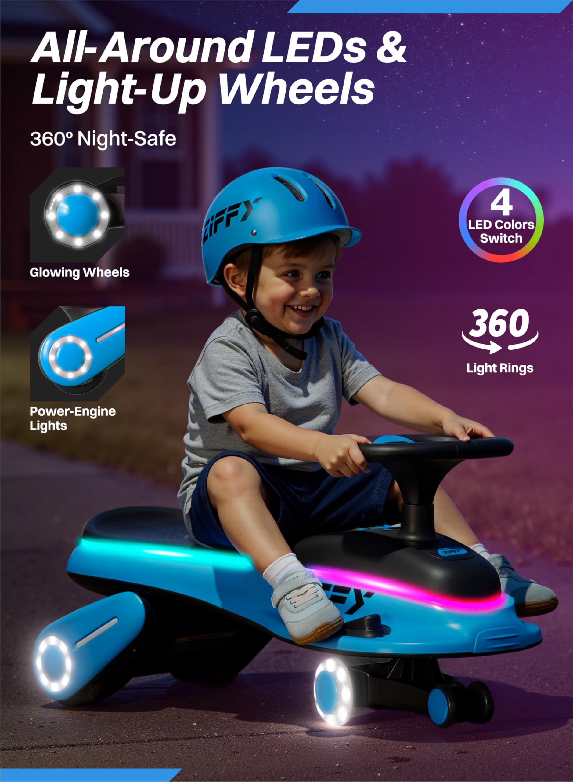 JOVA ZIFFY 45W Light-Up Electric Twist Car (5. 5Ah Rechargeable Battery, Footboard, 2-in-1 Manual/Electric Drive, Dual Speed, Anti-Rollover, Colorful Light-Up Wheels, Ages 3+, 110 lb Capacity) detail image 2
