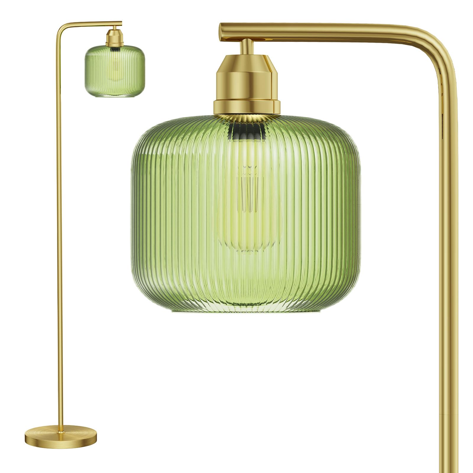 Glass Floor Lamp with Green Ribbed Glass Shade and Pedal Switch, 66" Tall Brushed Gold Floor Lamp (3000K LED Bulb Included) detail image 1