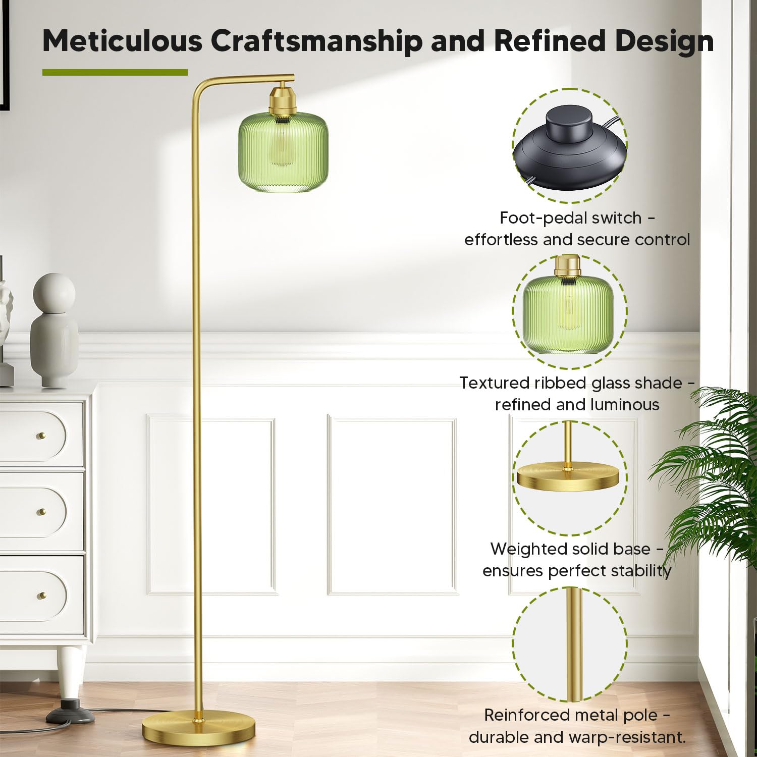 Glass Floor Lamp with Green Ribbed Glass Shade and Pedal Switch, 66" Tall Brushed Gold Floor Lamp (3000K LED Bulb Included) detail image 3