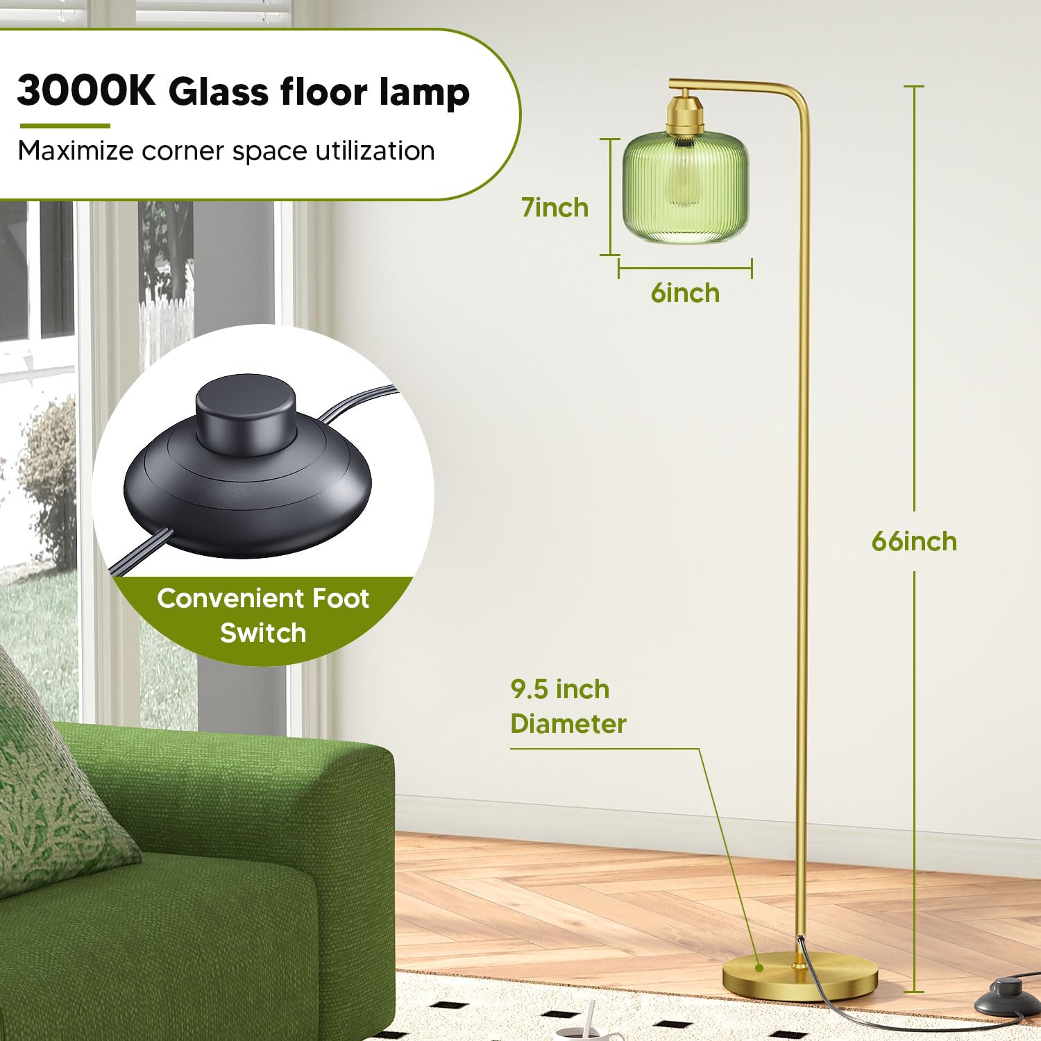 Glass Floor Lamp with Green Ribbed Glass Shade and Pedal Switch, 66" Tall Brushed Gold Floor Lamp (3000K LED Bulb Included) detail image 5