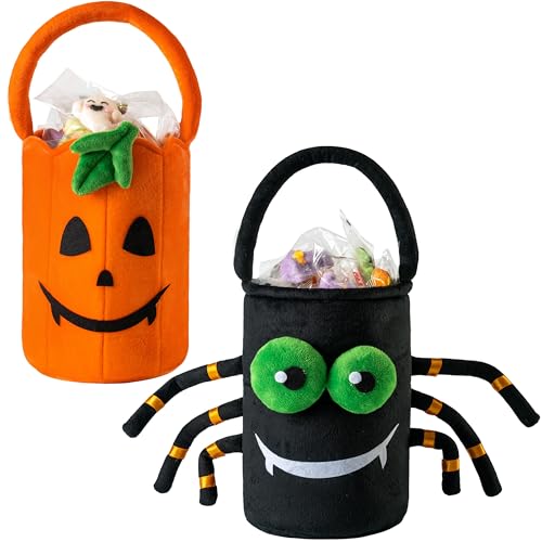 JOYIN 2-Pack Halloween Plush Candy Buckets, 5. 9" x 8. 7" Handheld Baskets, Pumpkin and Spider Designs, Party Favor Gifts for Kids detail image 9