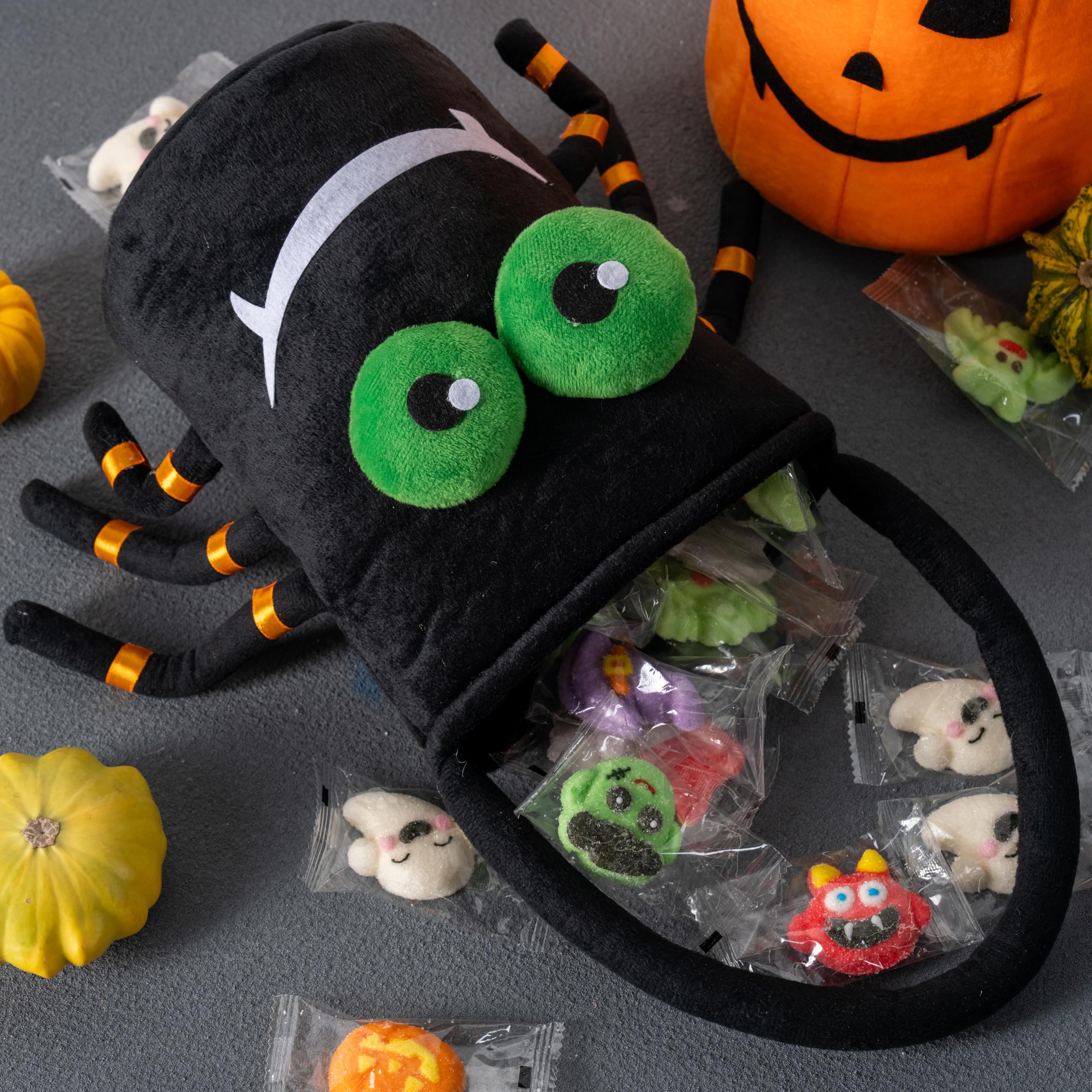 JOYIN 2-Pack Halloween Plush Candy Buckets, 5. 9" x 8. 7" Handheld Baskets, Pumpkin and Spider Designs, Party Favor Gifts for Kids detail image 7