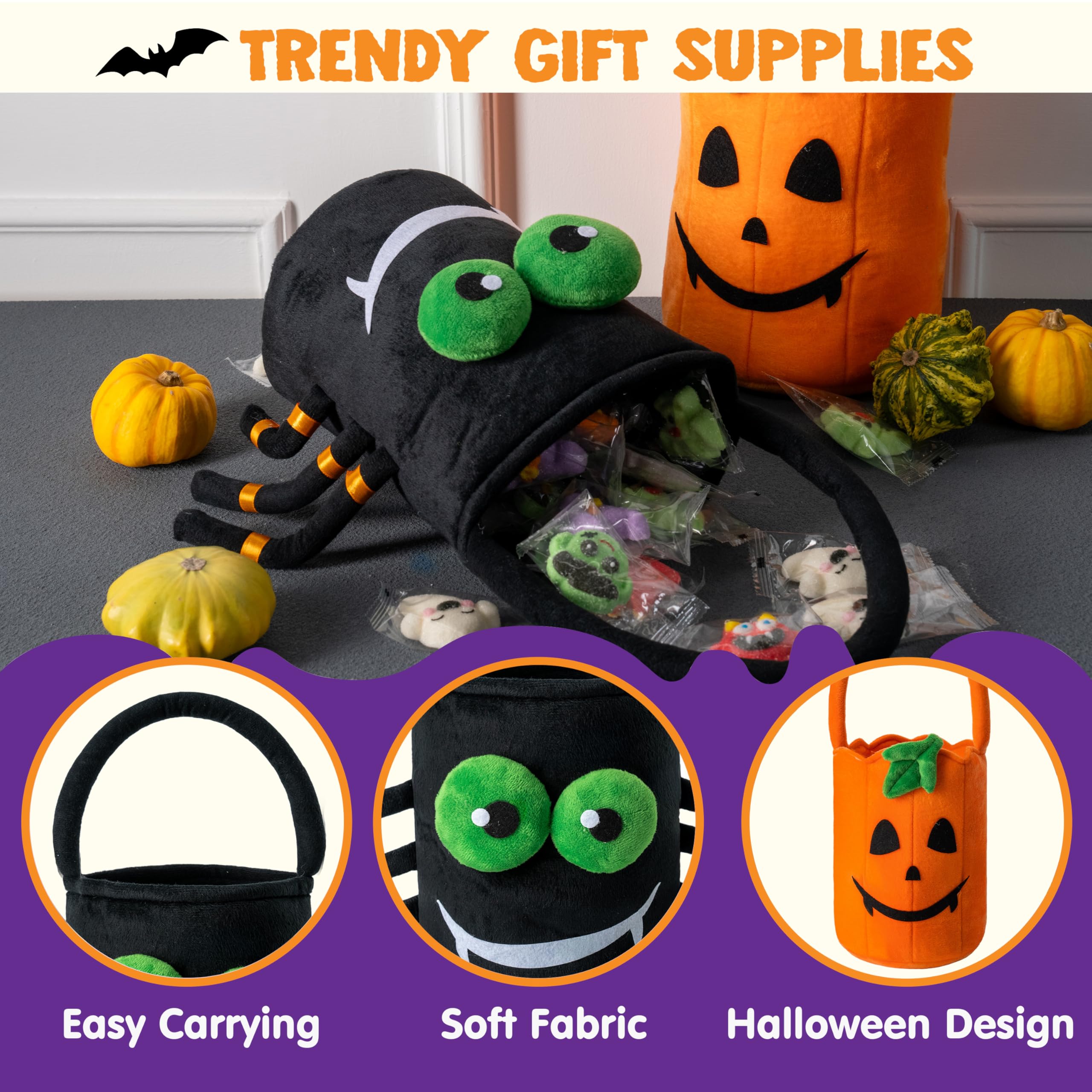 JOYIN 2-Pack Halloween Plush Candy Buckets, 5. 9" x 8. 7" Handheld Baskets, Pumpkin and Spider Designs, Party Favor Gifts for Kids detail image 2