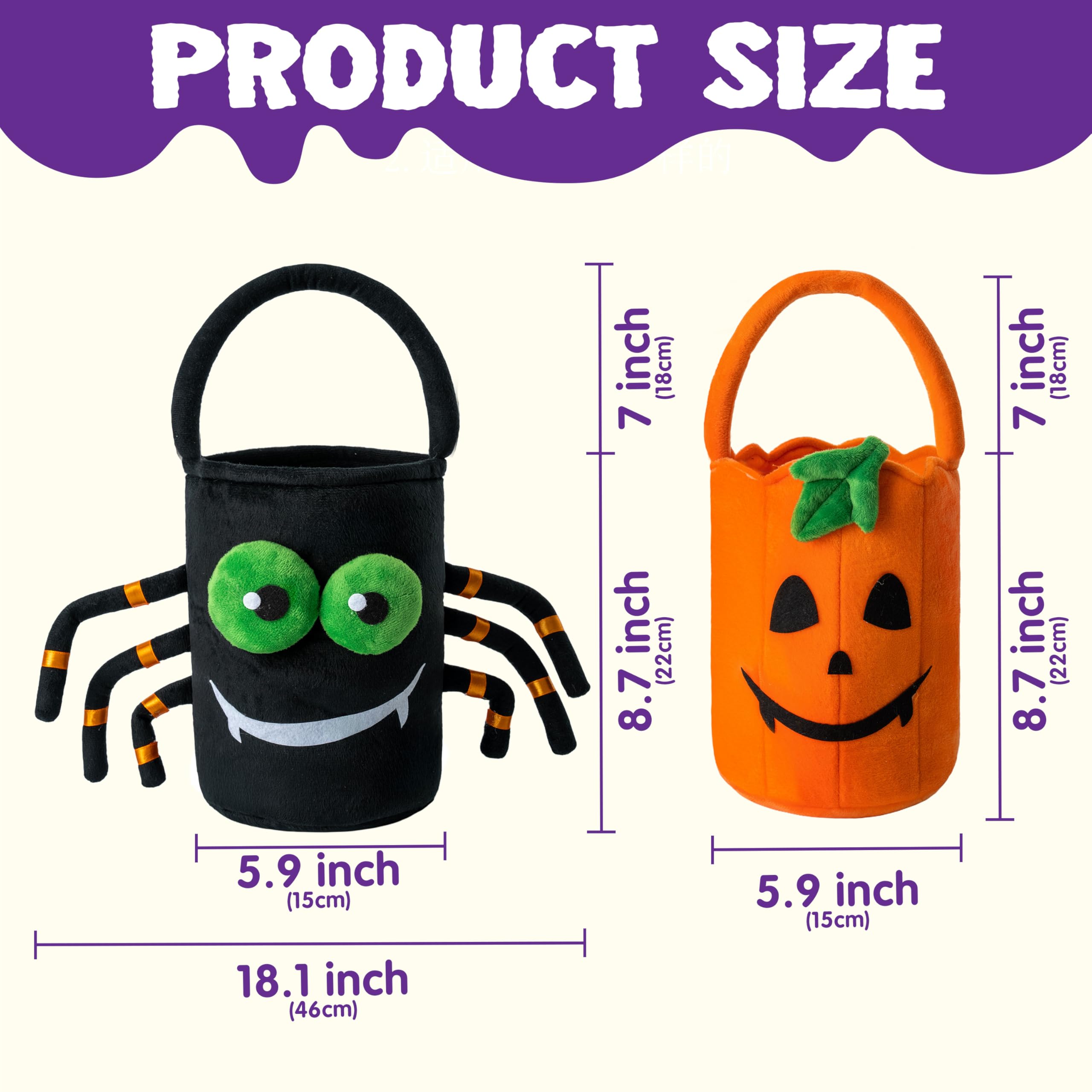 JOYIN 2-Pack Halloween Plush Candy Buckets, 5. 9" x 8. 7" Handheld Baskets, Pumpkin and Spider Designs, Party Favor Gifts for Kids detail image 3