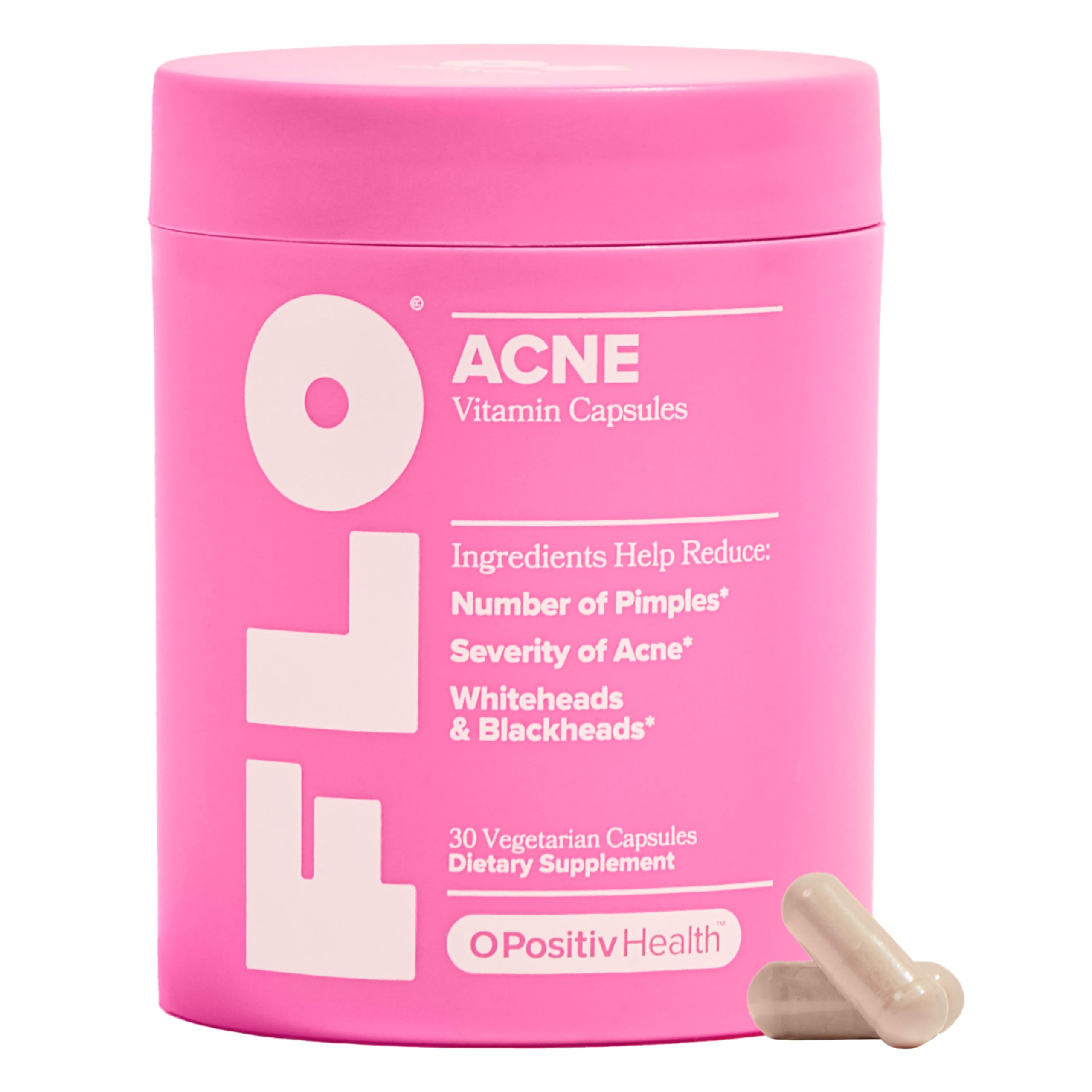 O Positiv FLO Acne Capsules – Supports Clearer, Healthier-Looking Skin for Face, Back & Body – Colostrum-Derived Lactoferrin, Zinc & Vitamin E – 30 Servings detail image 1