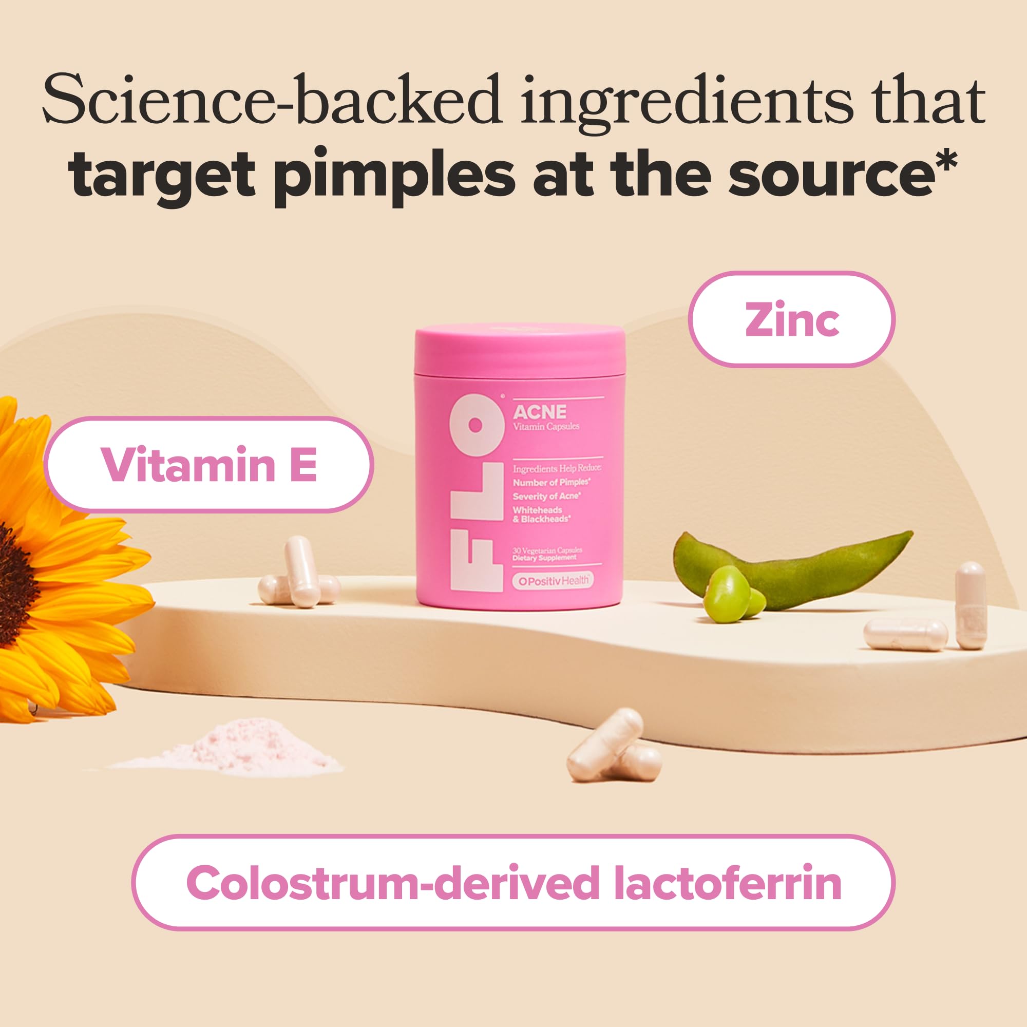 O Positiv FLO Acne Capsules – Supports Clearer, Healthier-Looking Skin for Face, Back & Body – Colostrum-Derived Lactoferrin, Zinc & Vitamin E – 30 Servings detail image 3