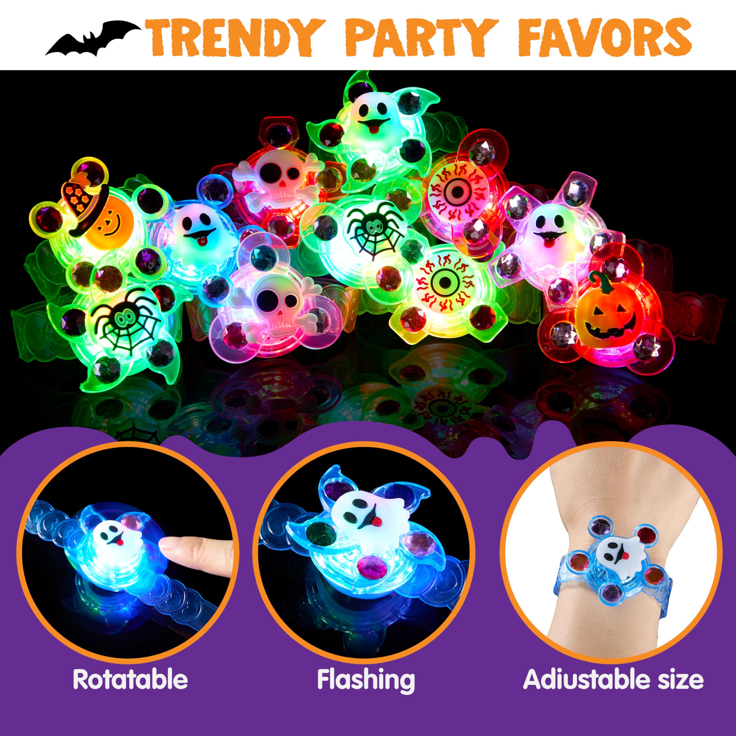 JOYIN 12-Pack Halloween LED Light-Up Bracelets — Kids Flashing Wristbands, Glow Party Favors & Trick-or-Treat Bag Fillers detail image 3