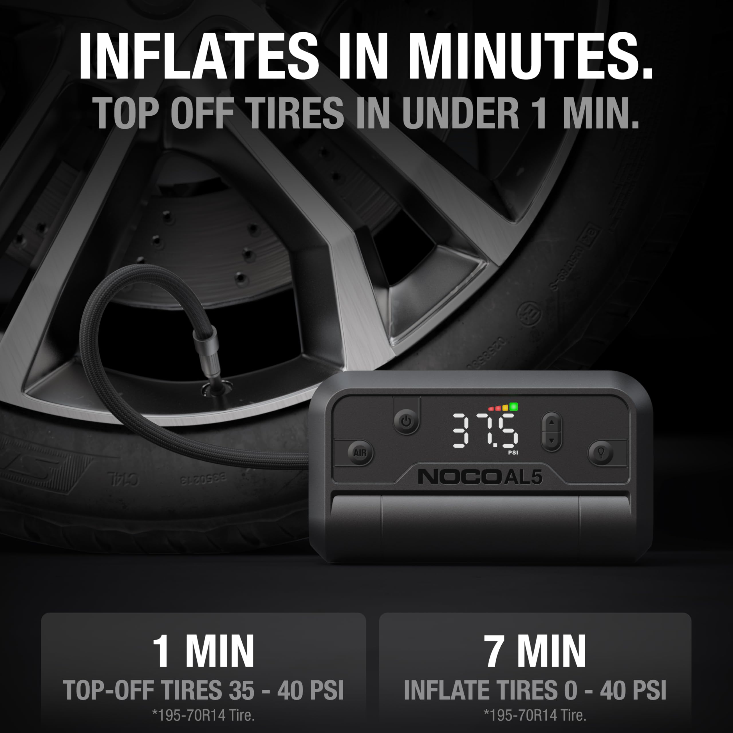 NOCO Air AL5: Cordless Tire Inflator – Portable Rechargeable Air Compressor with USB-C – 17 LPM Inflates 0–40 PSI in 7 Minutes – Digital Gauge + Auto-Shutoff – For Tires up to 31-Inches detail image 4