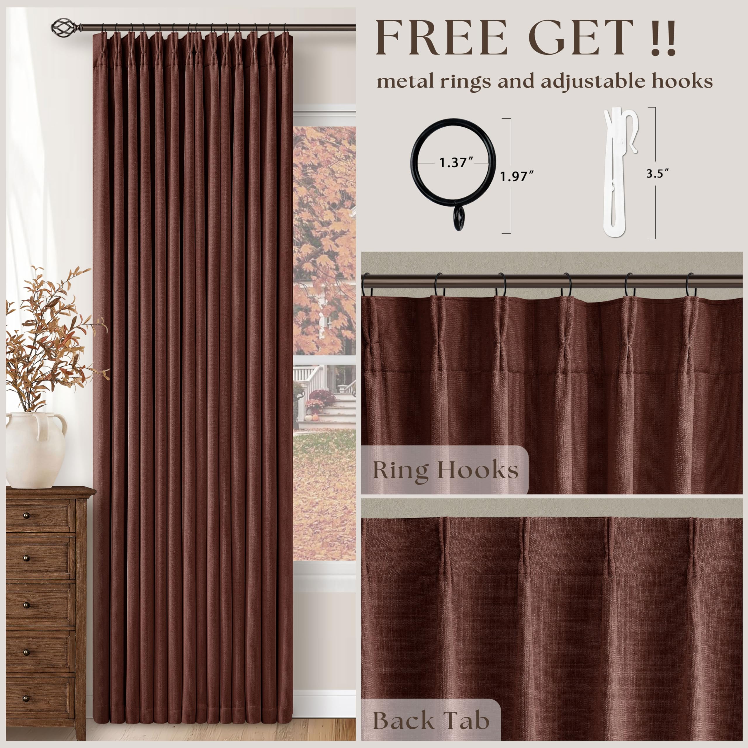 Maroon Blackout Pinch Pleated Linen Curtains 105 Inches Long for Living Room 2 Panels Thermal Insulted Dual Layer Drapes Ceiling Floor 105 Inch Window Curtains Bedroom Chestnut Reddish Brown detail image 5