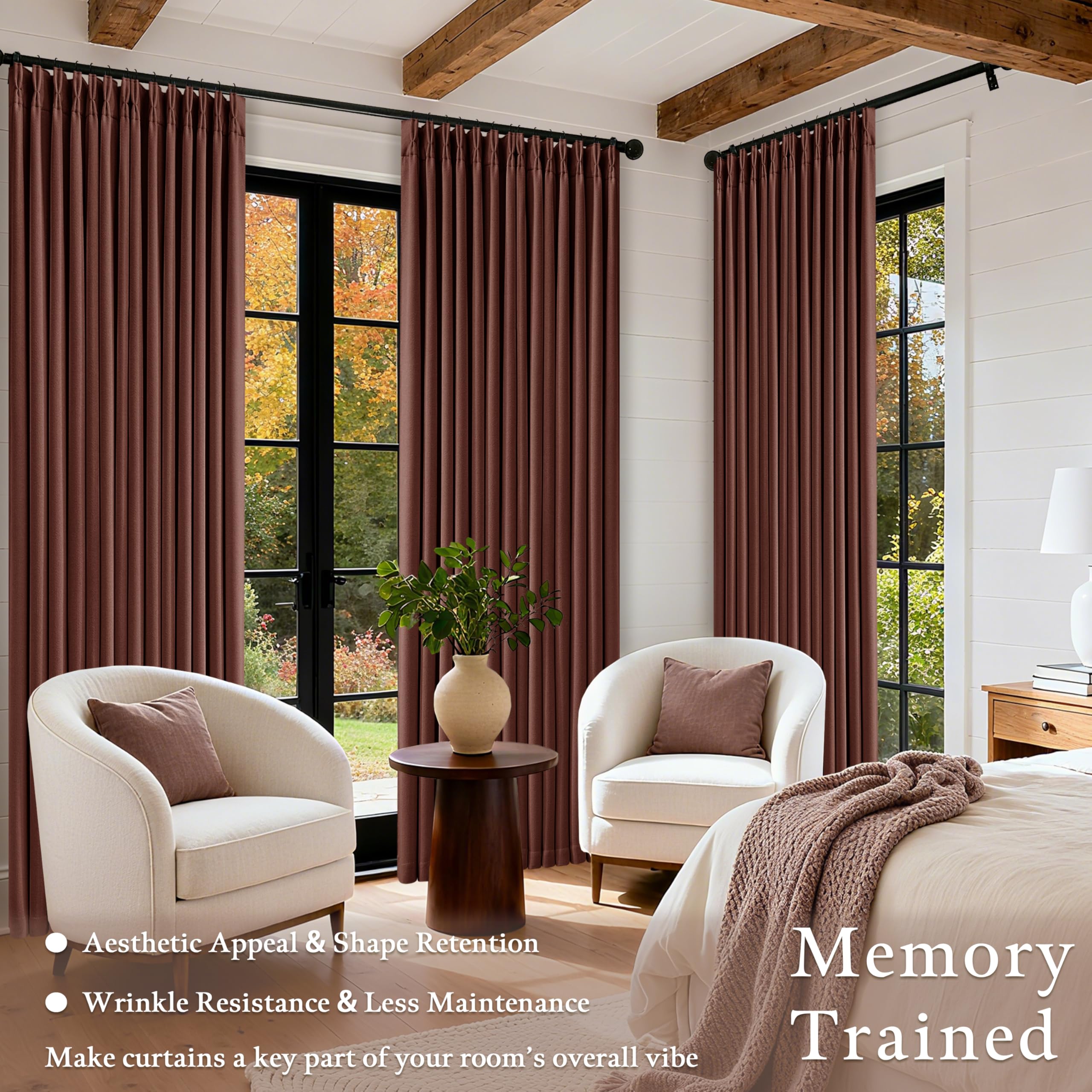 Maroon Blackout Pinch Pleated Linen Curtains 105 Inches Long for Living Room 2 Panels Thermal Insulted Dual Layer Drapes Ceiling Floor 105 Inch Window Curtains Bedroom Chestnut Reddish Brown detail image 4